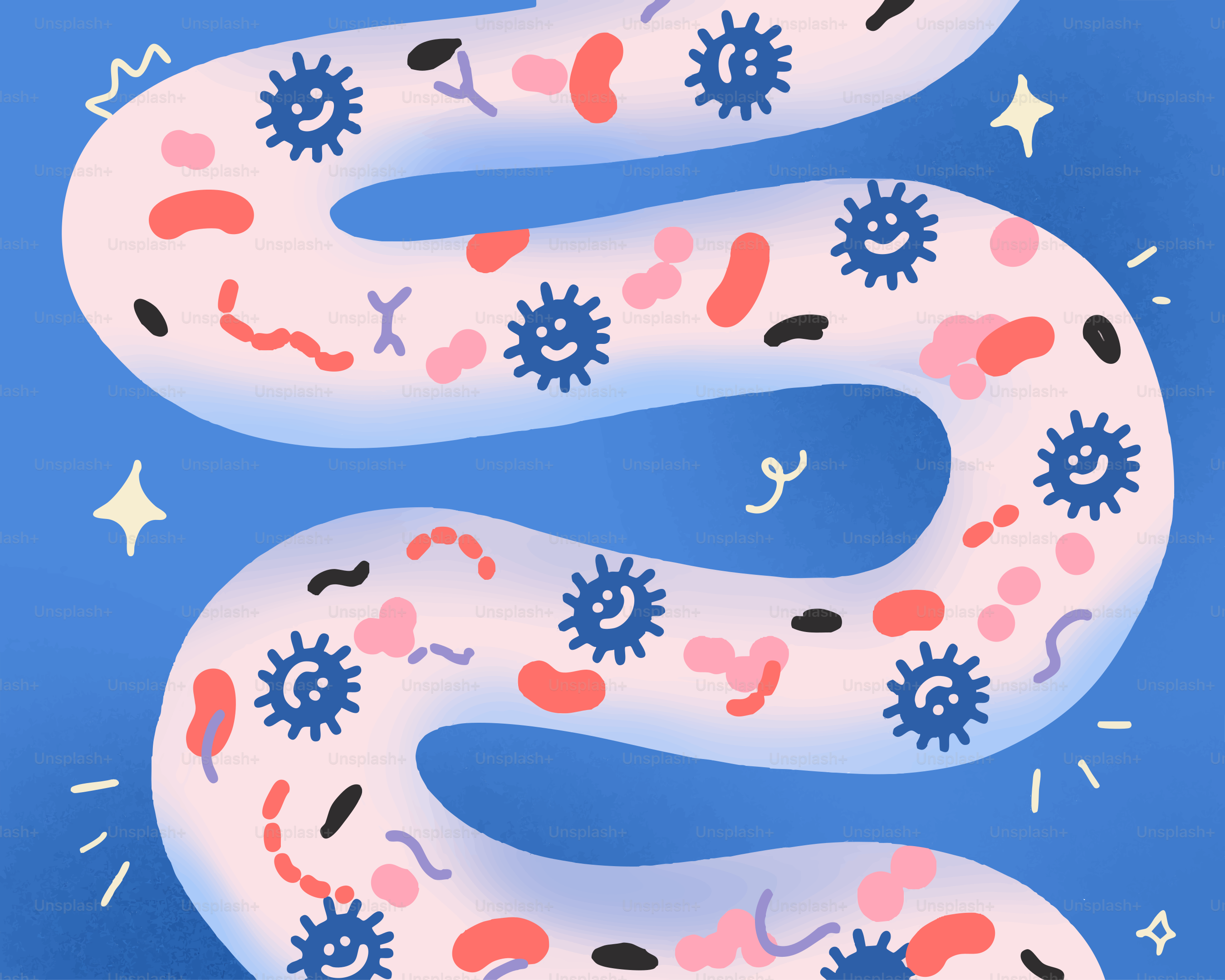 Desenho animado de bactérias intestinais saudáveis no trato digestivo.