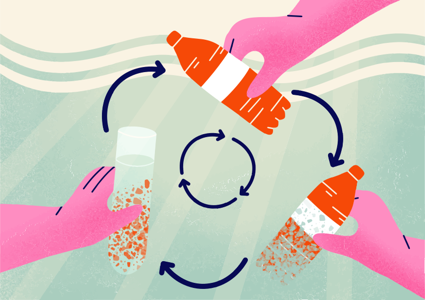 Hände recyceln Plastikflaschen in einem kreisförmigen Prozess.