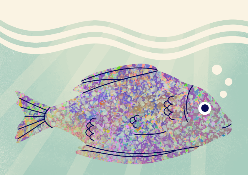 Ein farbenfroher, strukturierter Fisch schwimmt im hellblauen Wasser.