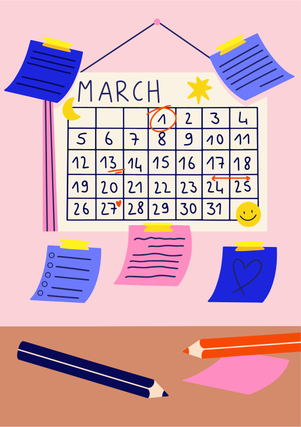 Märzkalender mit Notizen und Buntstiften