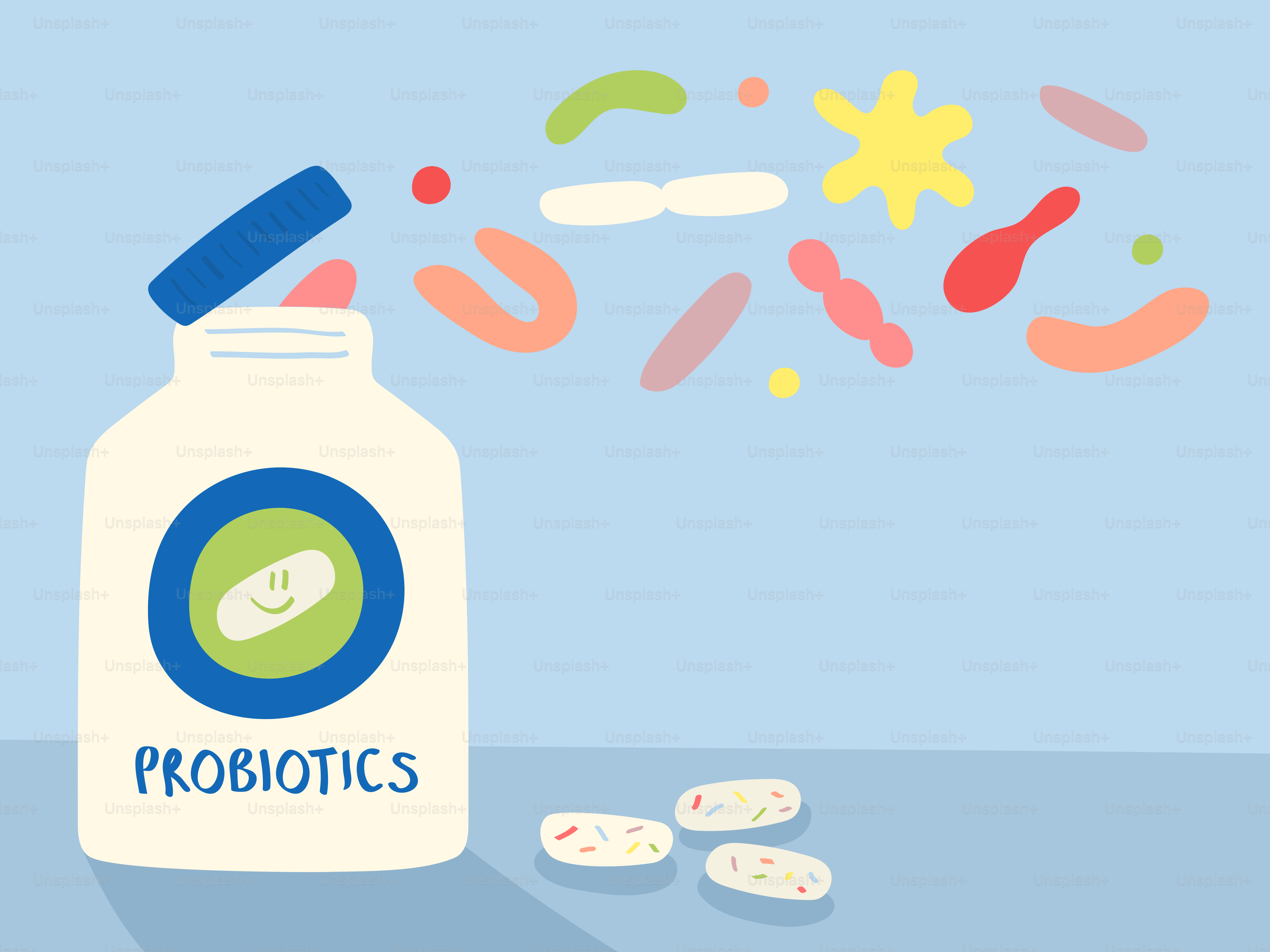 Bote probiótico con bacterias coloridas flotando hacia afuera.