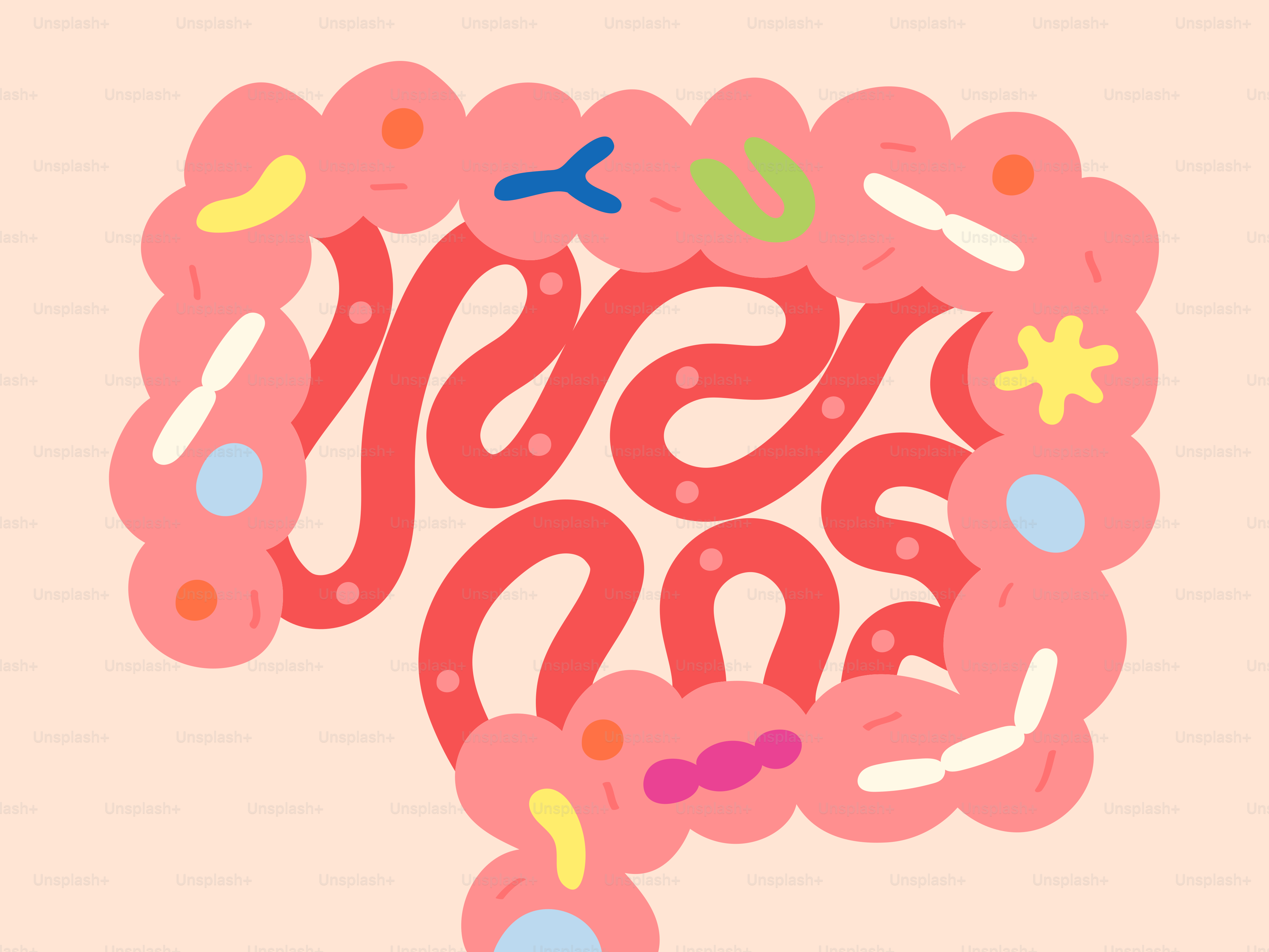 Intestinos llenos de bacterias y microbios coloridos