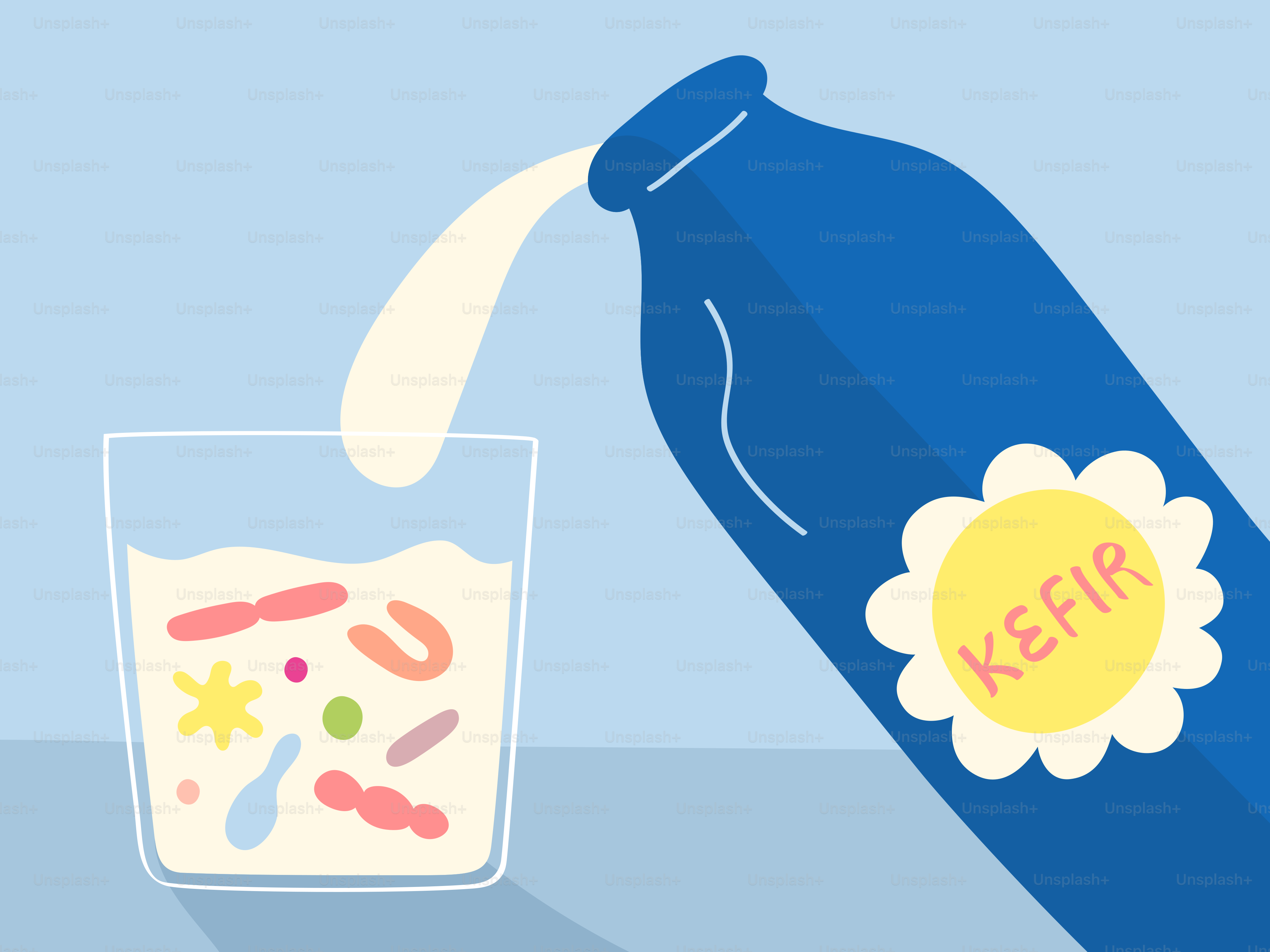 Kéfir siendo vertido en un vaso con microbios.