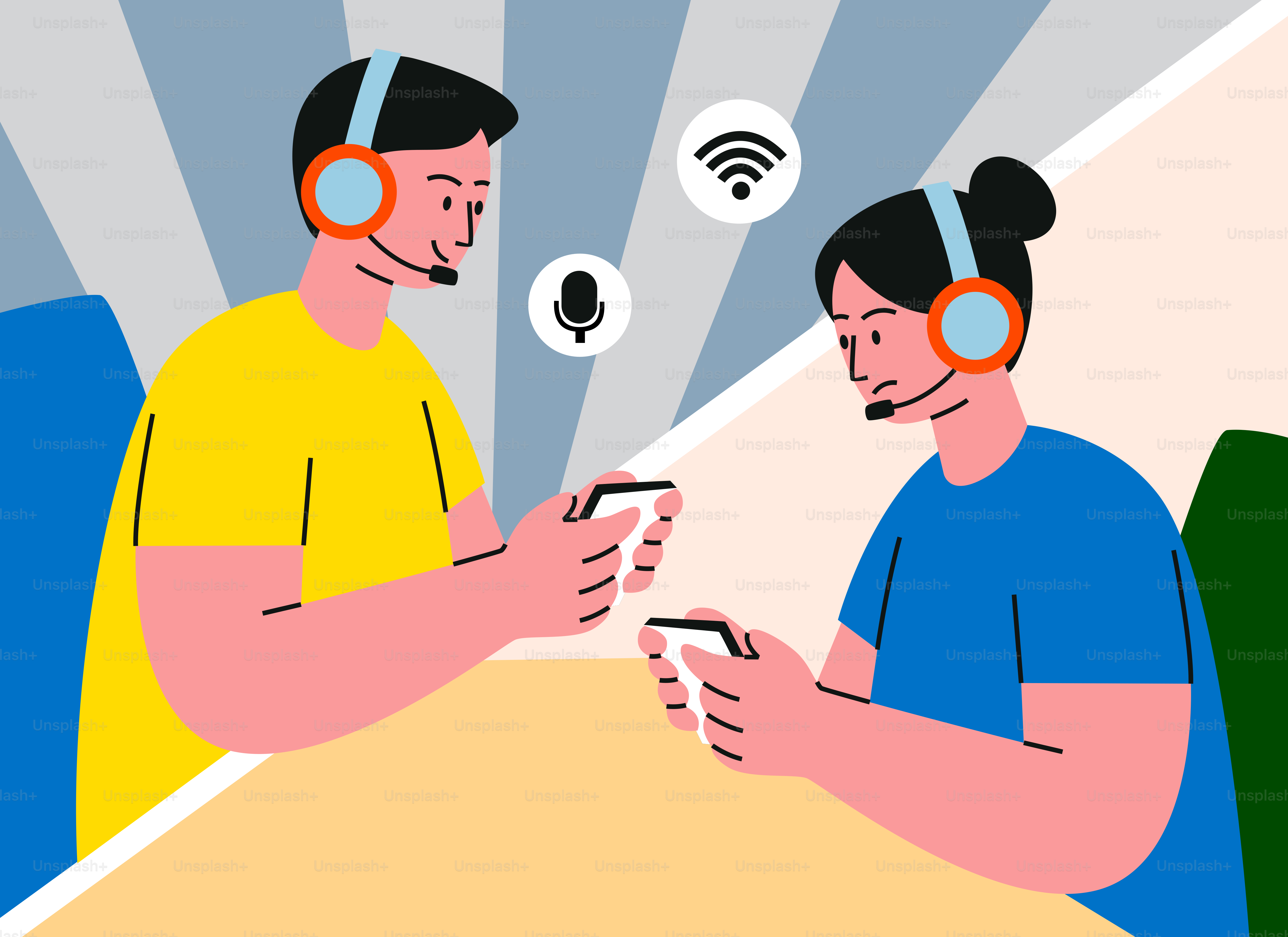 Dua orang bermain game seluler dengan headphone on-ear headset.