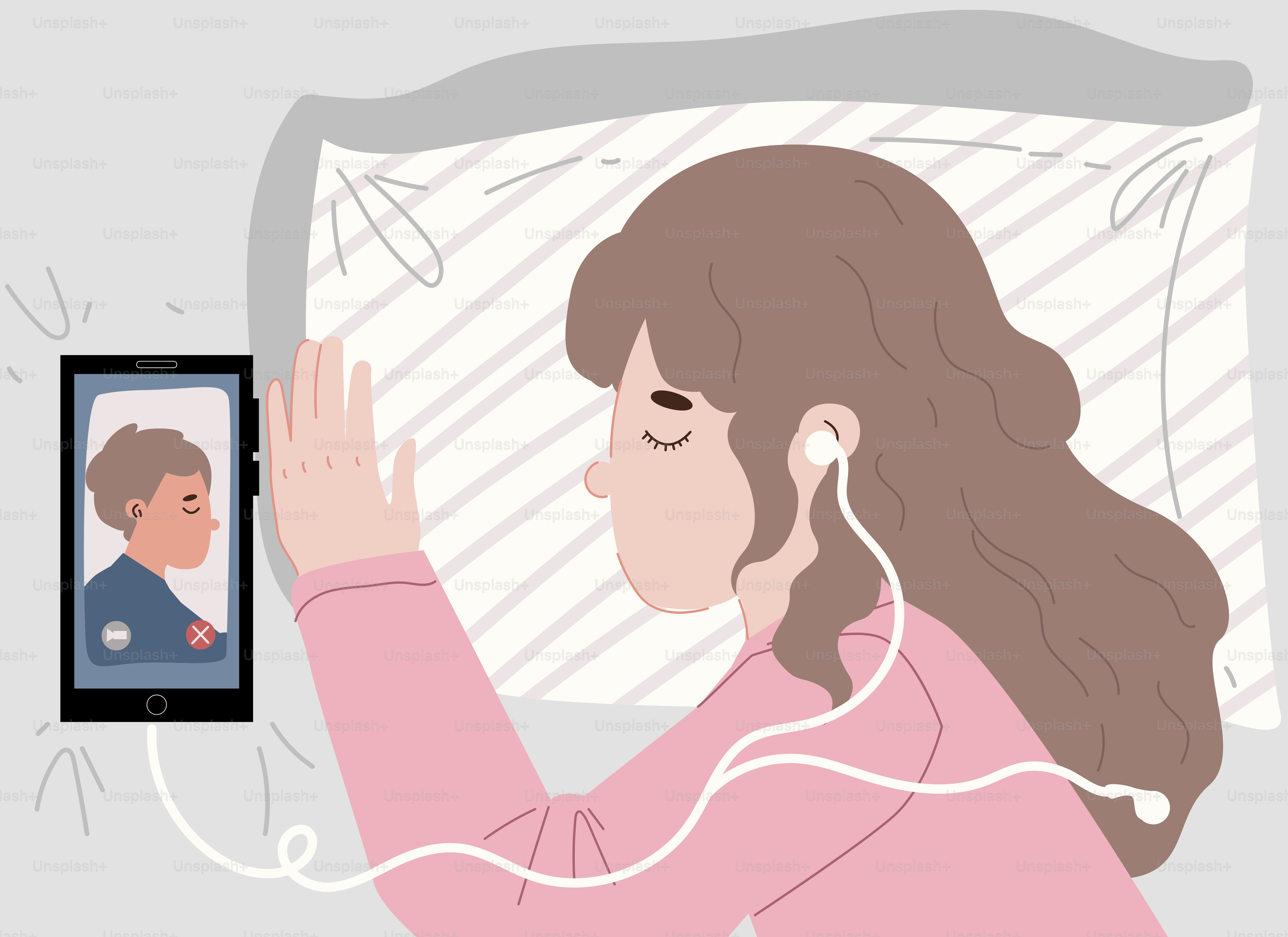 Mulher fazendo videochamada na cama com fones de ouvido