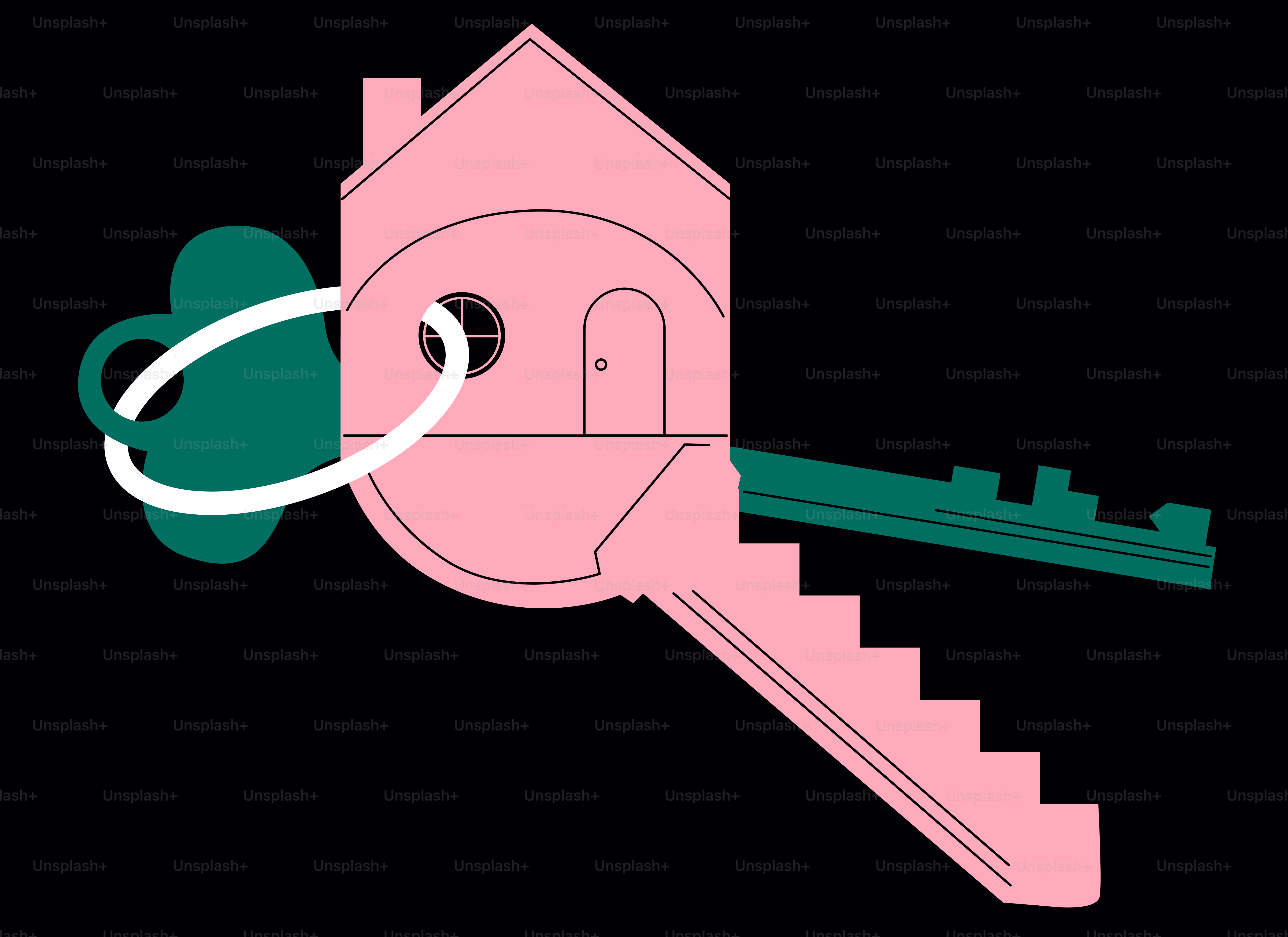 Una llave rosa con forma de casa y un llavero azul verdoso.