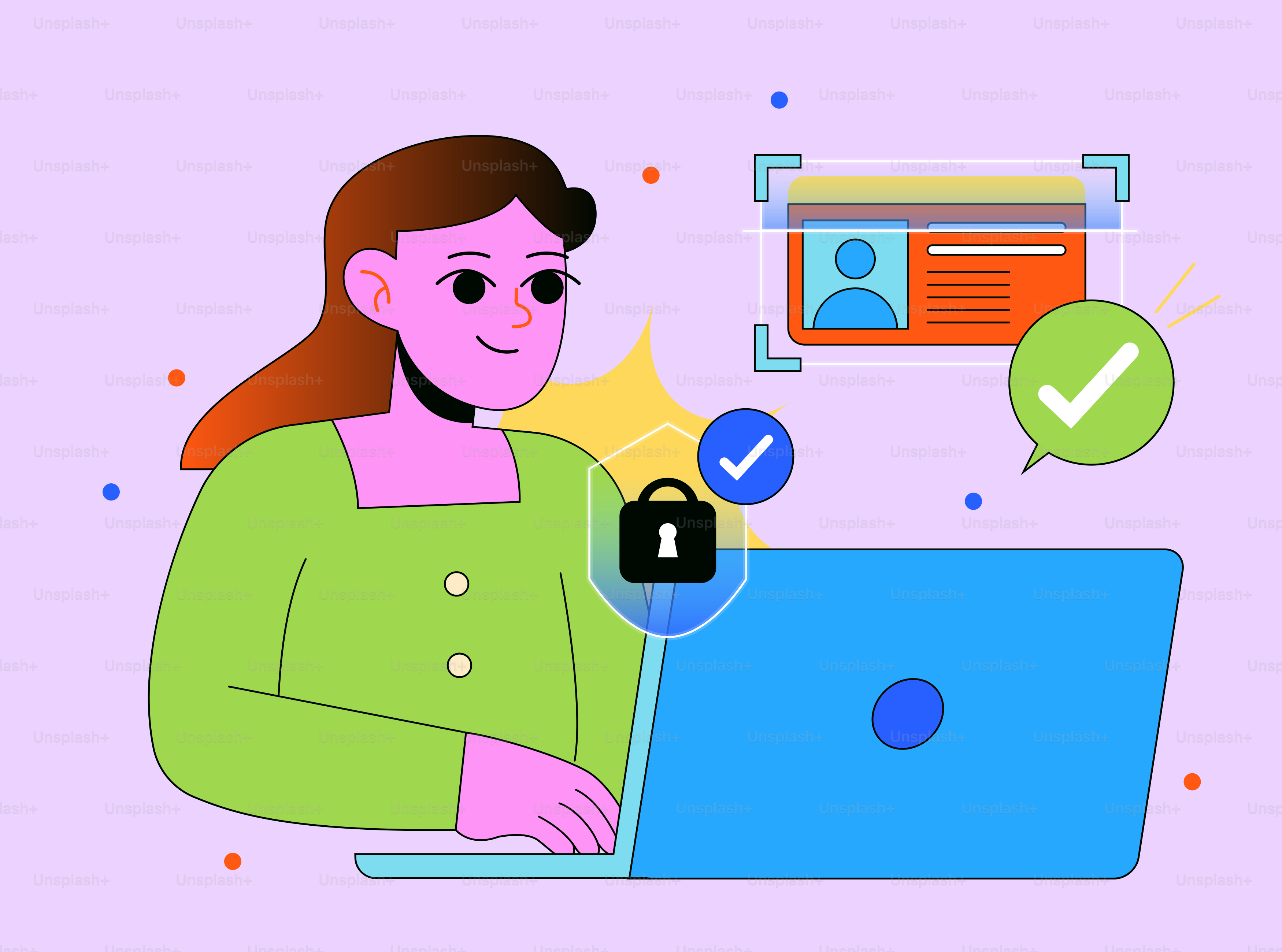 Frau benutzt Laptop mit Sicherheits- und ID-Verifizierungssymbolen.