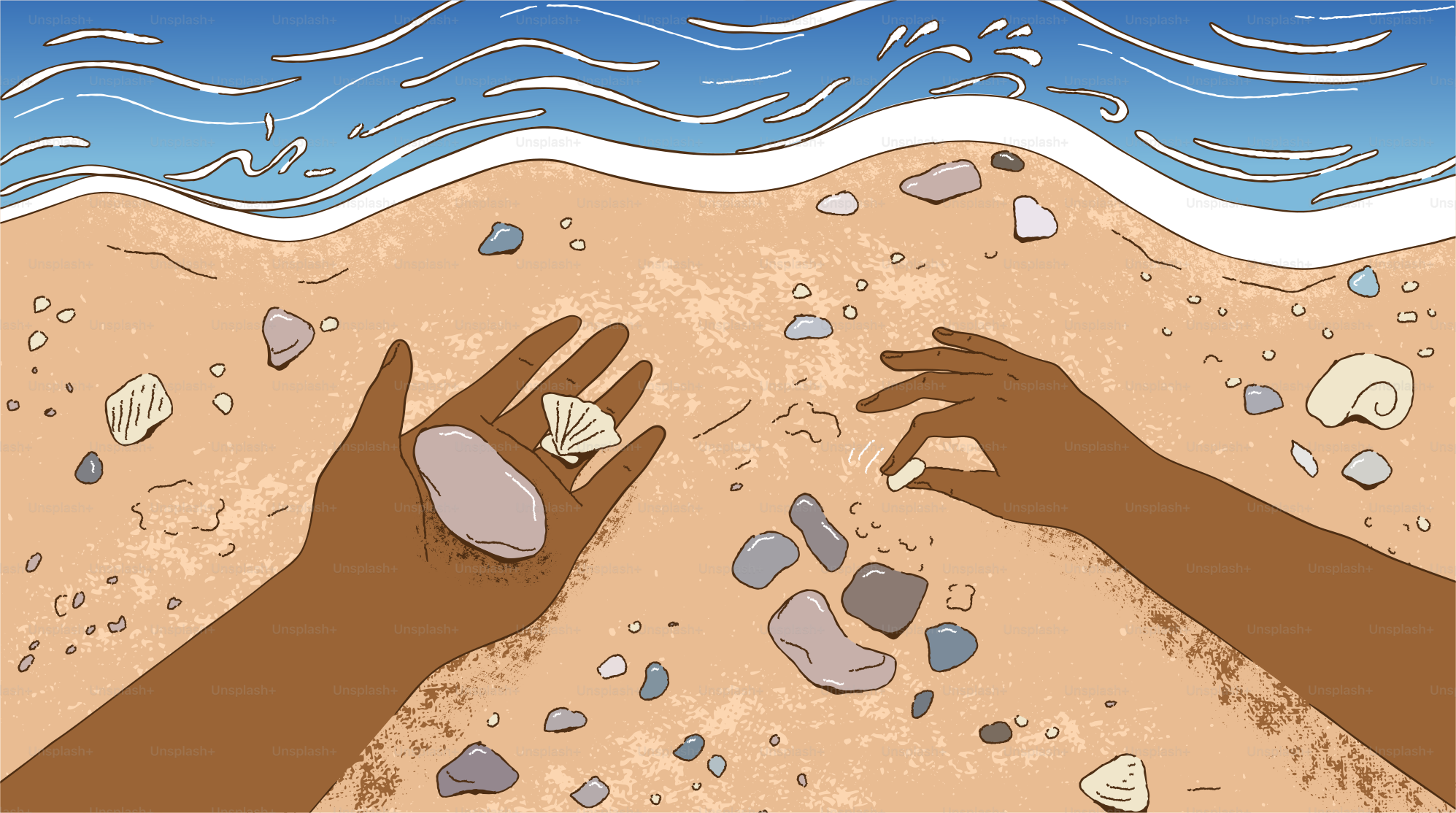Hands collecting shells and stones on a sandy beach
