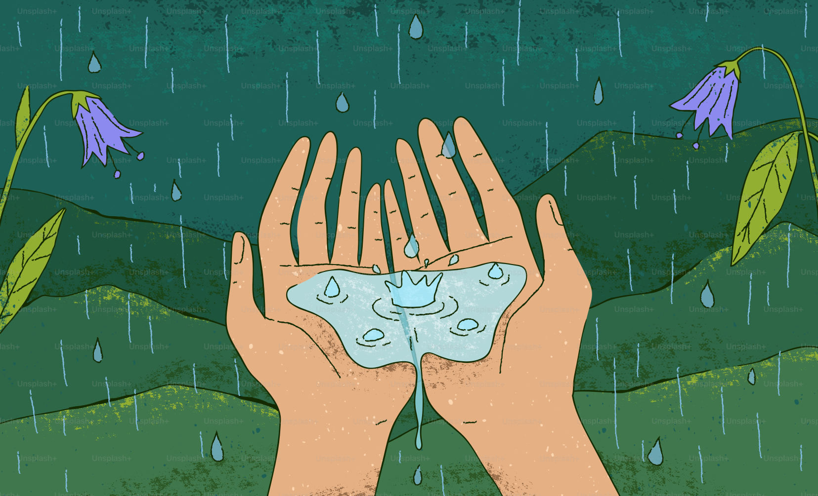 Mãos pegando gotas de chuva caindo em uma paisagem verde e exuberante.