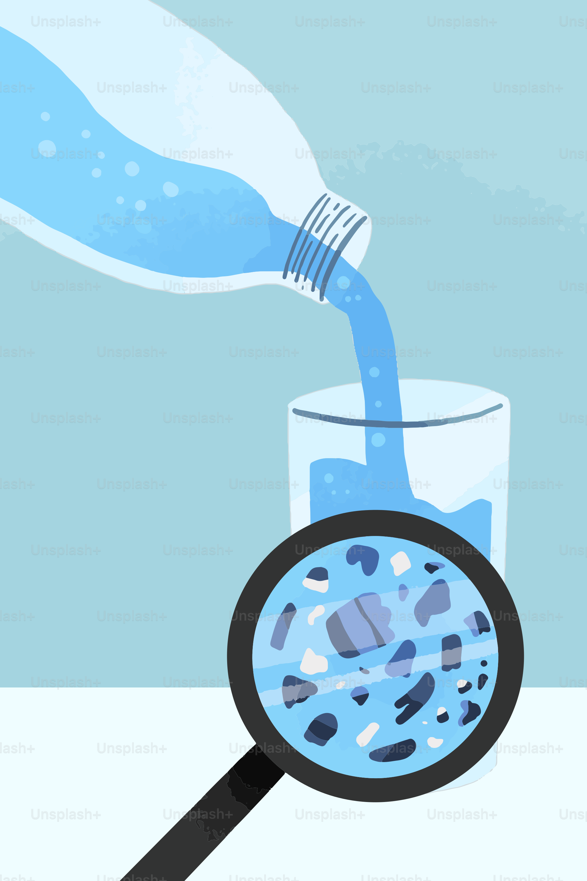 Water being poured into glass with impurities under magnifying glass
