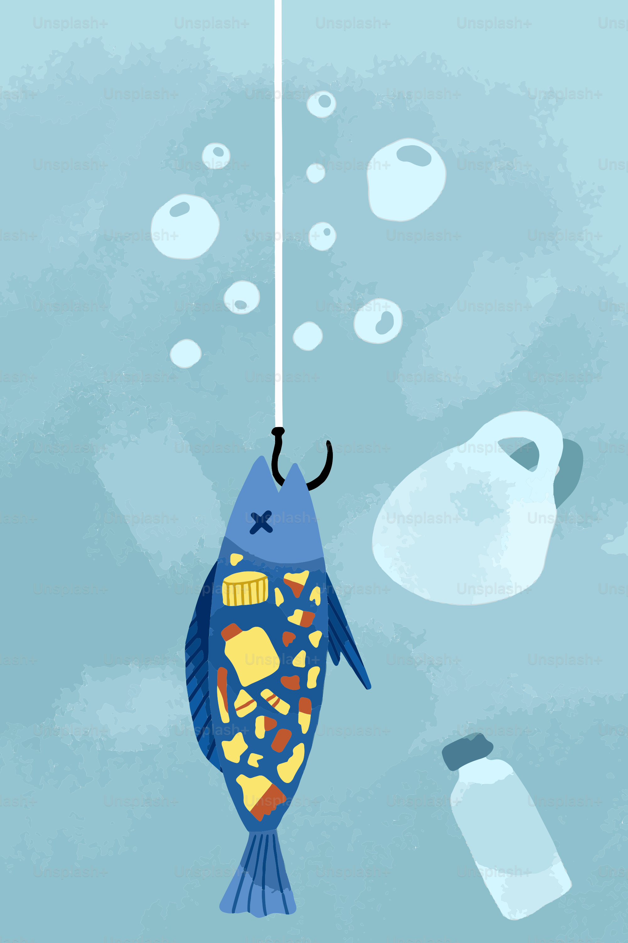 Fish filled with plastic waste on a fishing hook