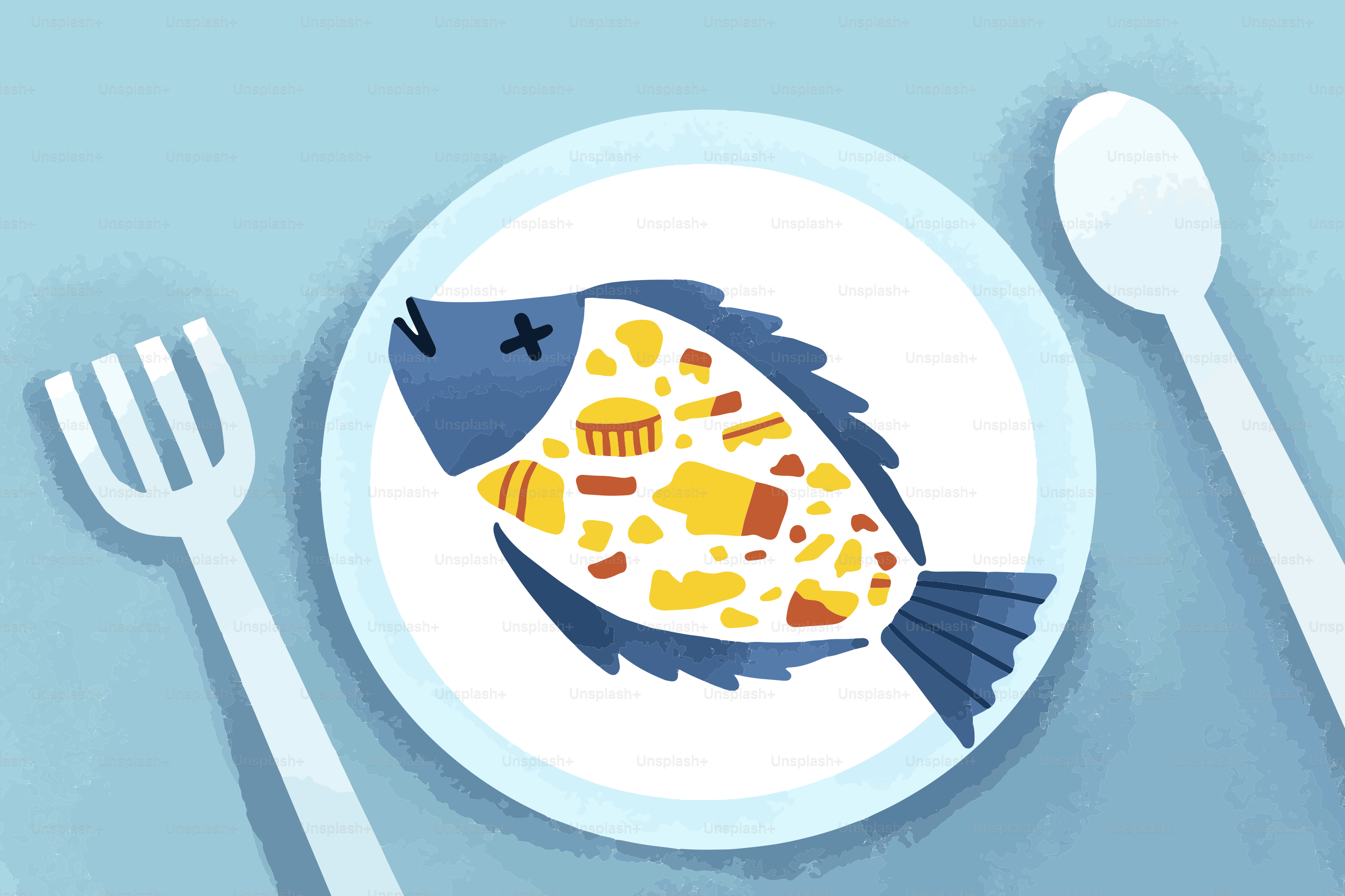 Fish filled with trash on a plate with utensils