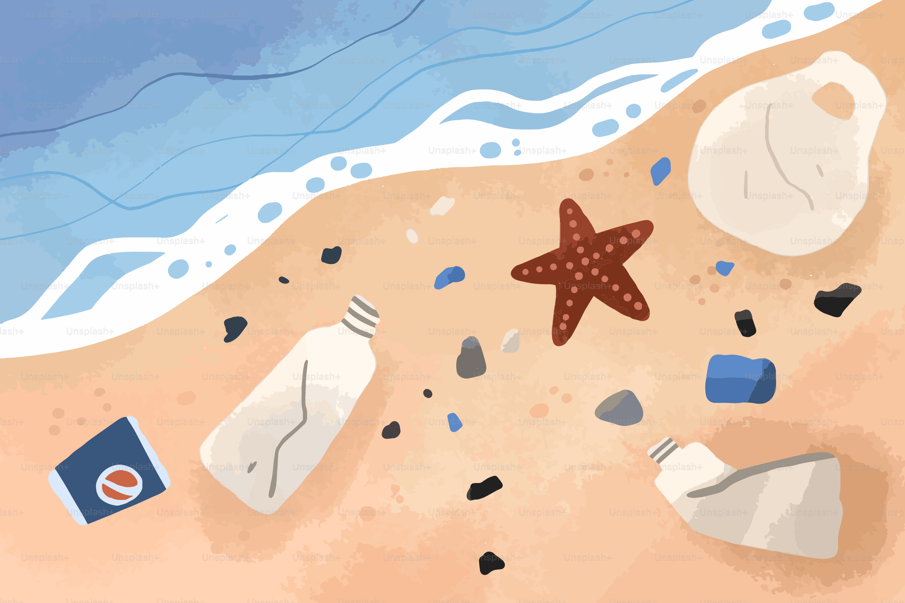 Plastic bottles and trash litter a sandy beach with waves.