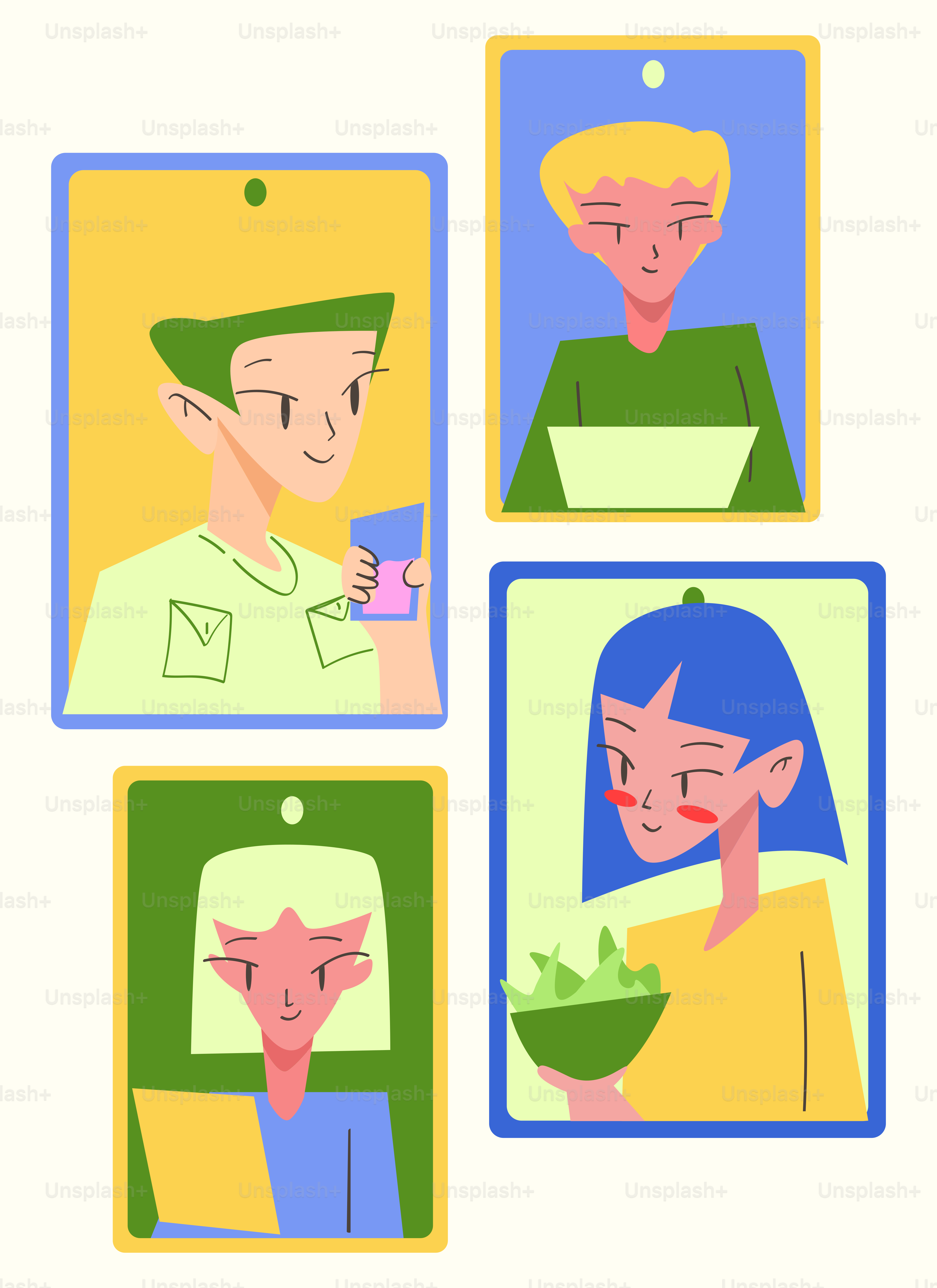 Four stylized portraits of people with laptops and food.
