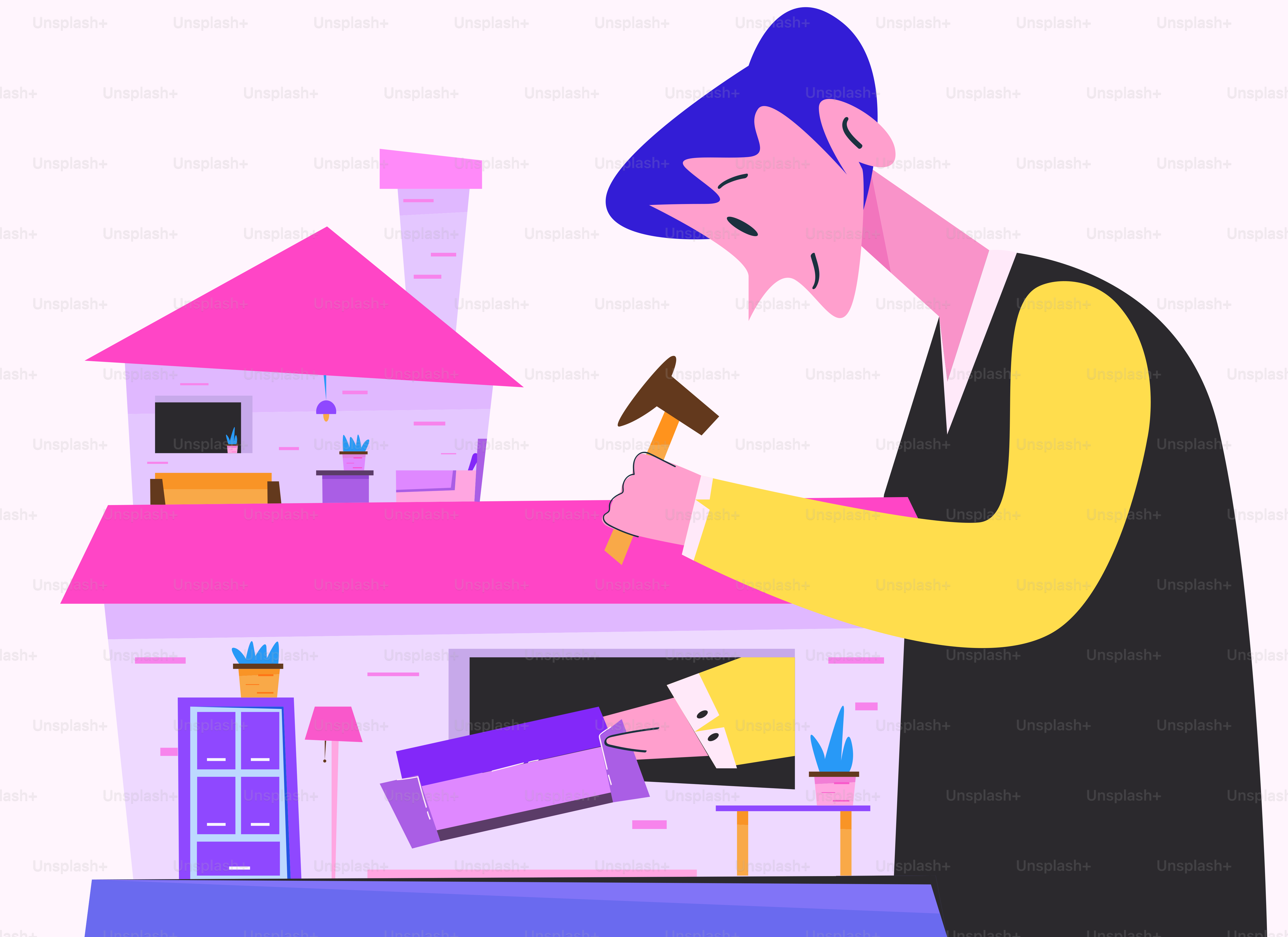 Man building a pink toy house with a hammer