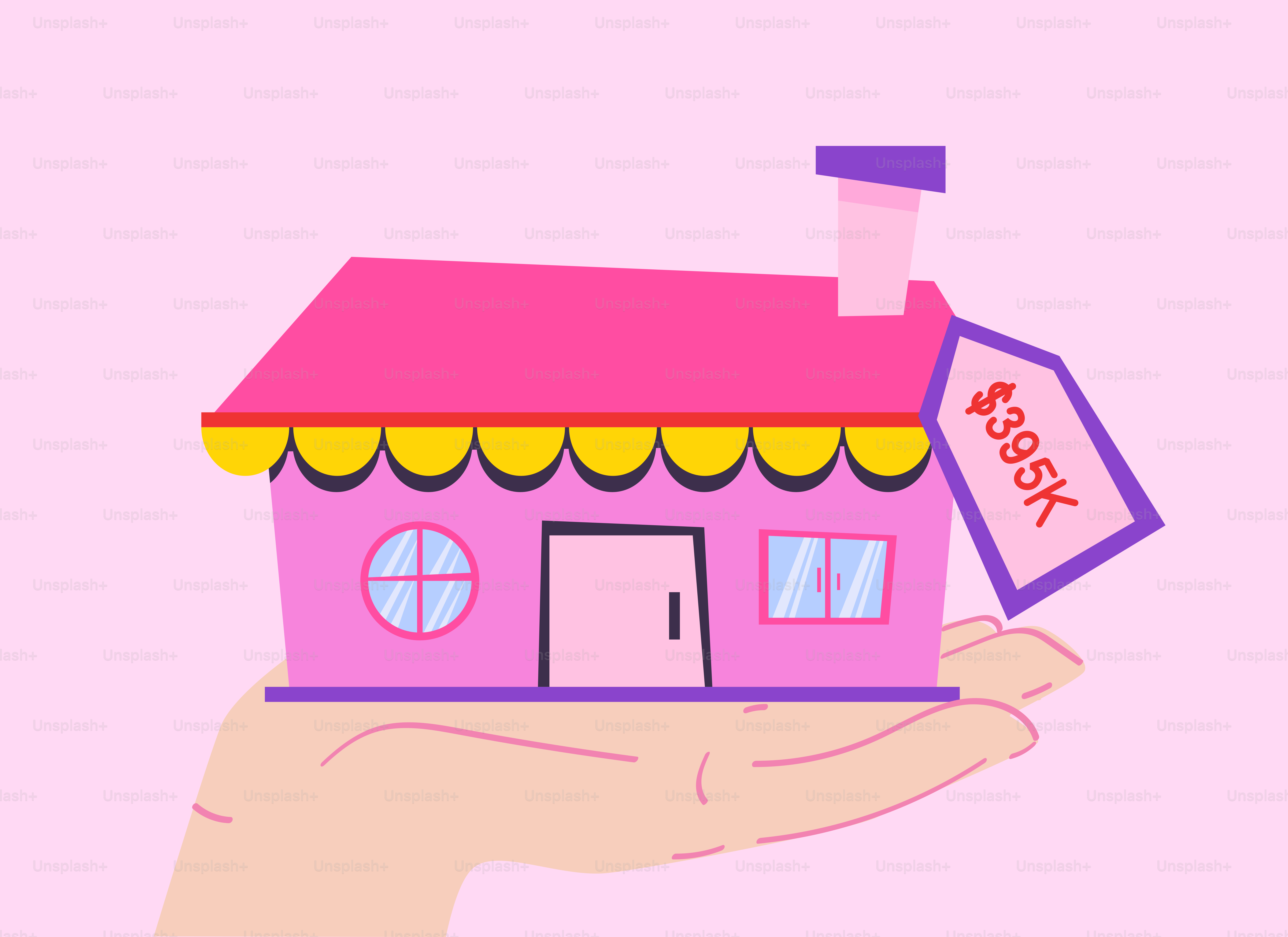 Hand holding a pink house with a $395k price tag.