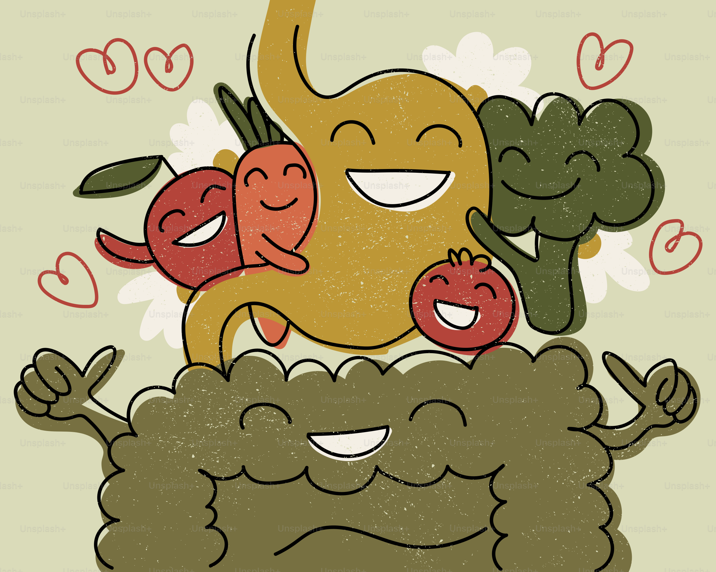 幸せな胃と腸、笑顔の野菜とハート