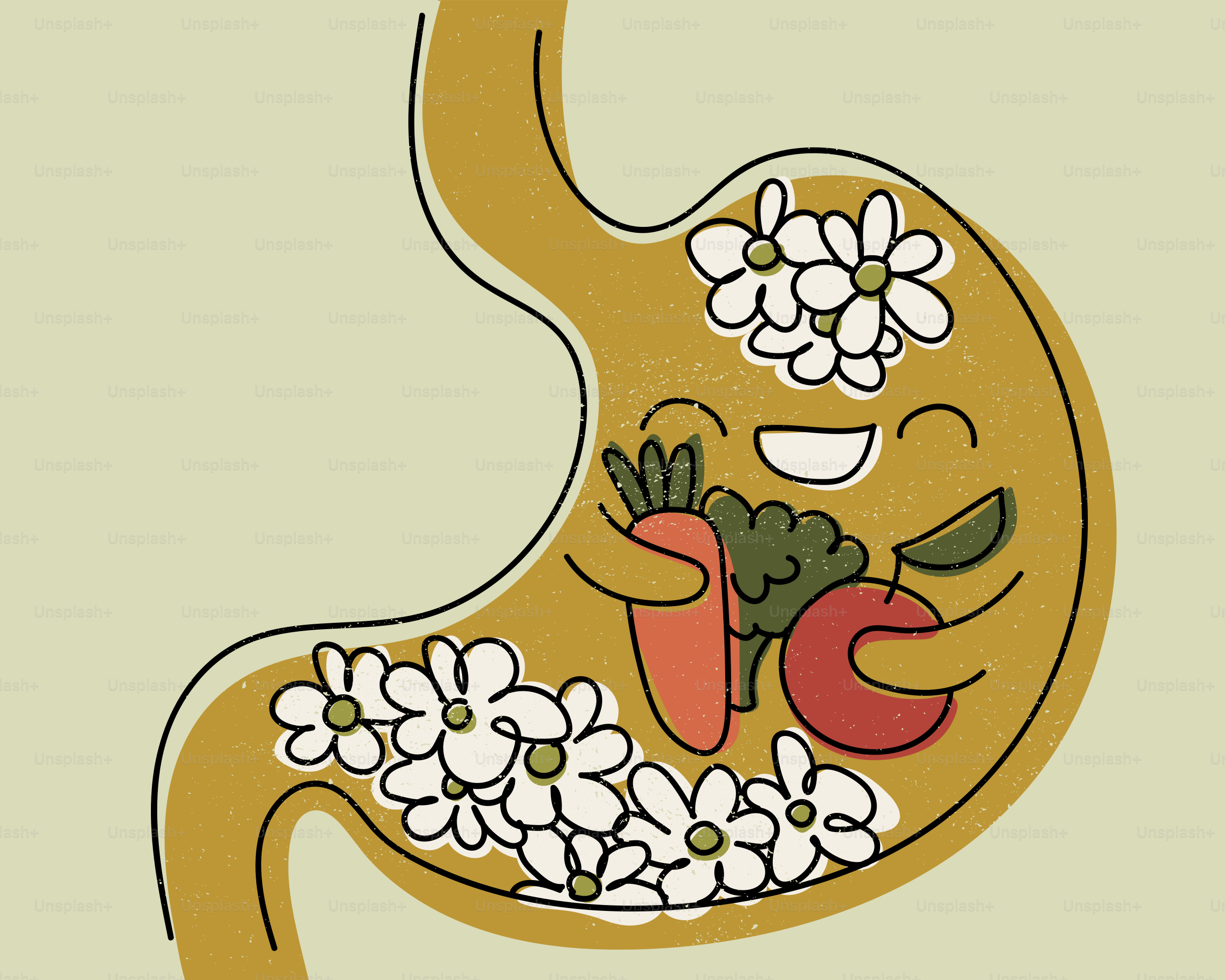 花と健康的な食べ物で満たされた笑顔のお腹