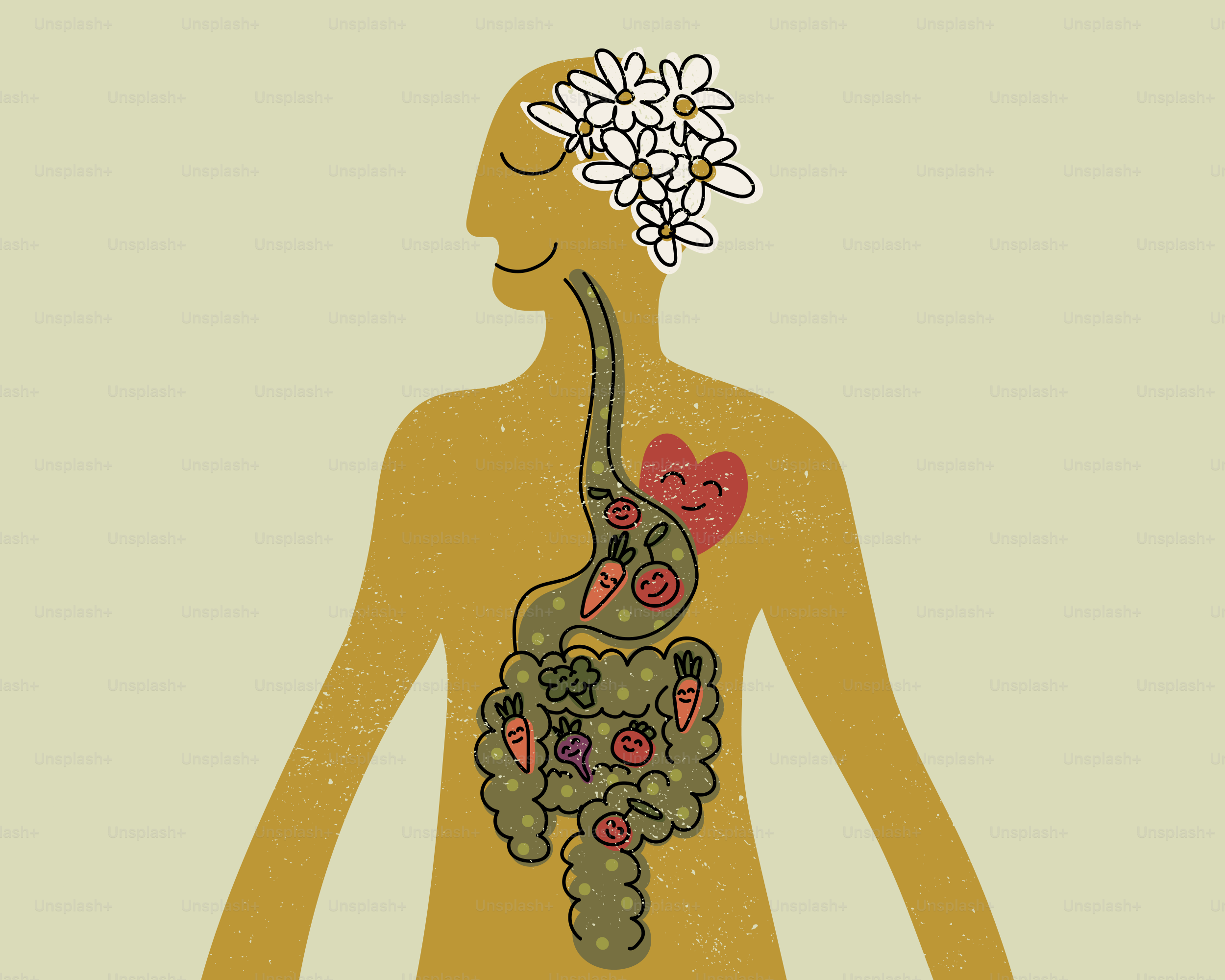 健康な消化器系と花を持つ人体。