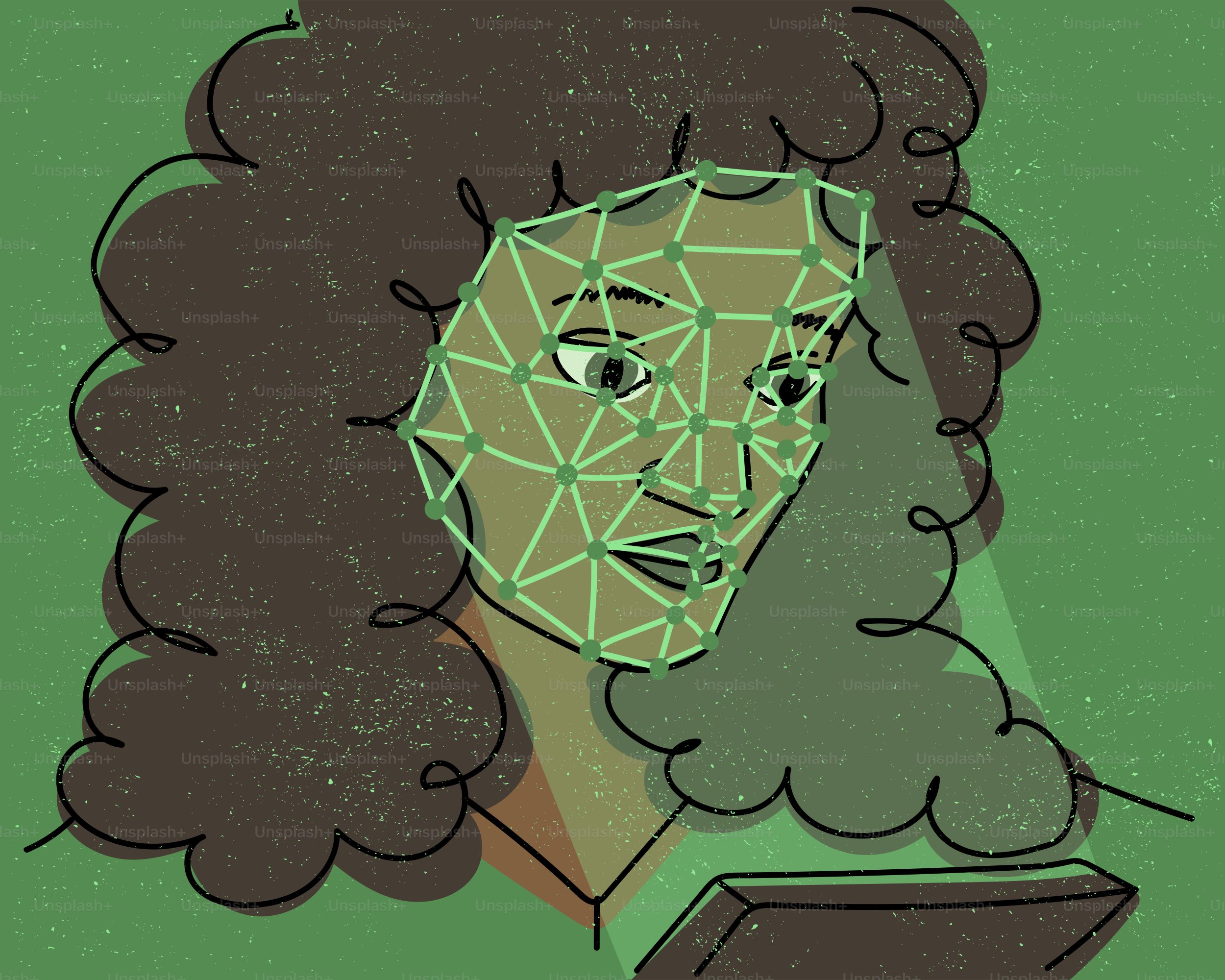 デジタル顔認識技術でスキャンされた女性の顔。