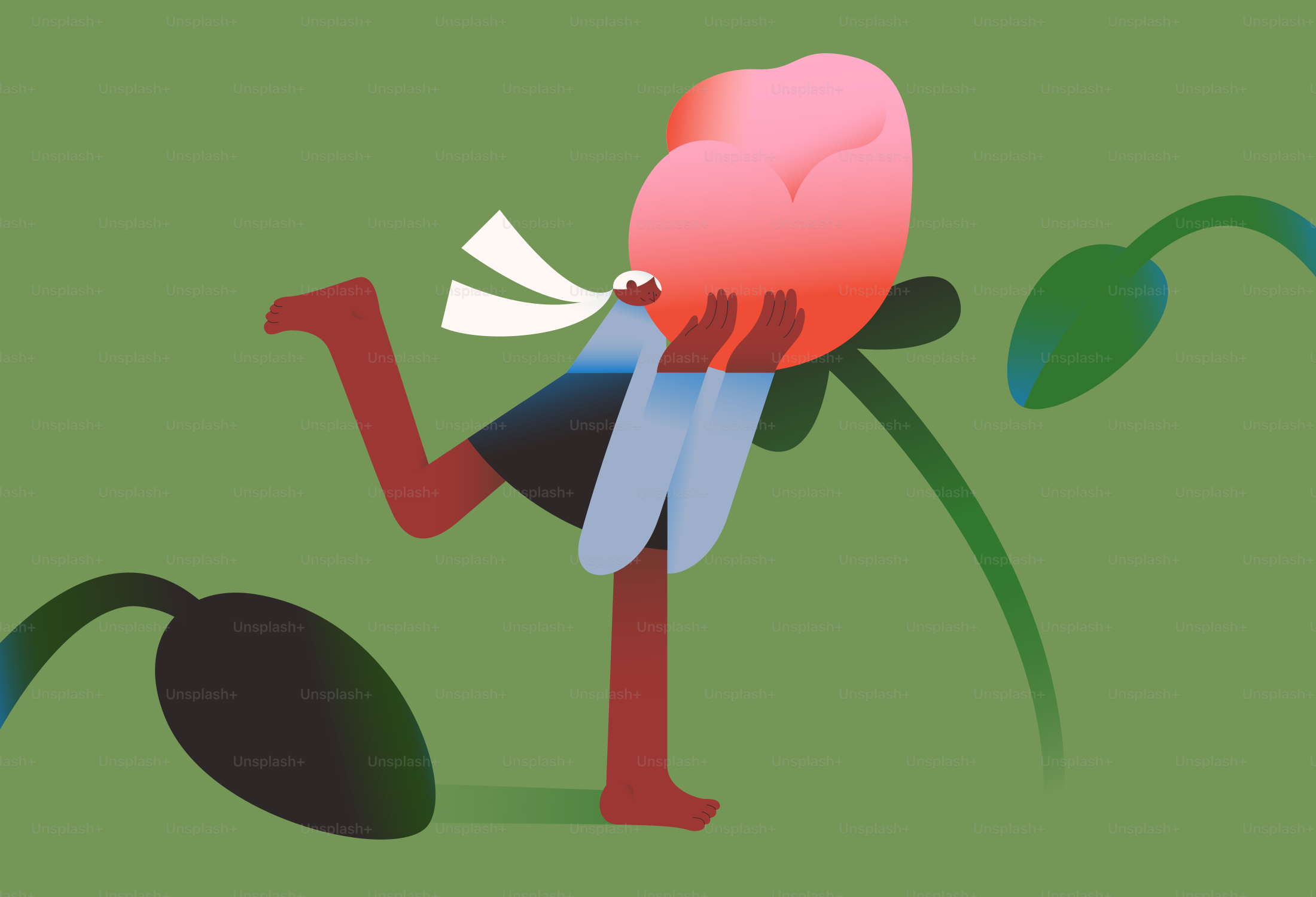 Eine stilisierte Figur hält eine rosa Blütenknospe.