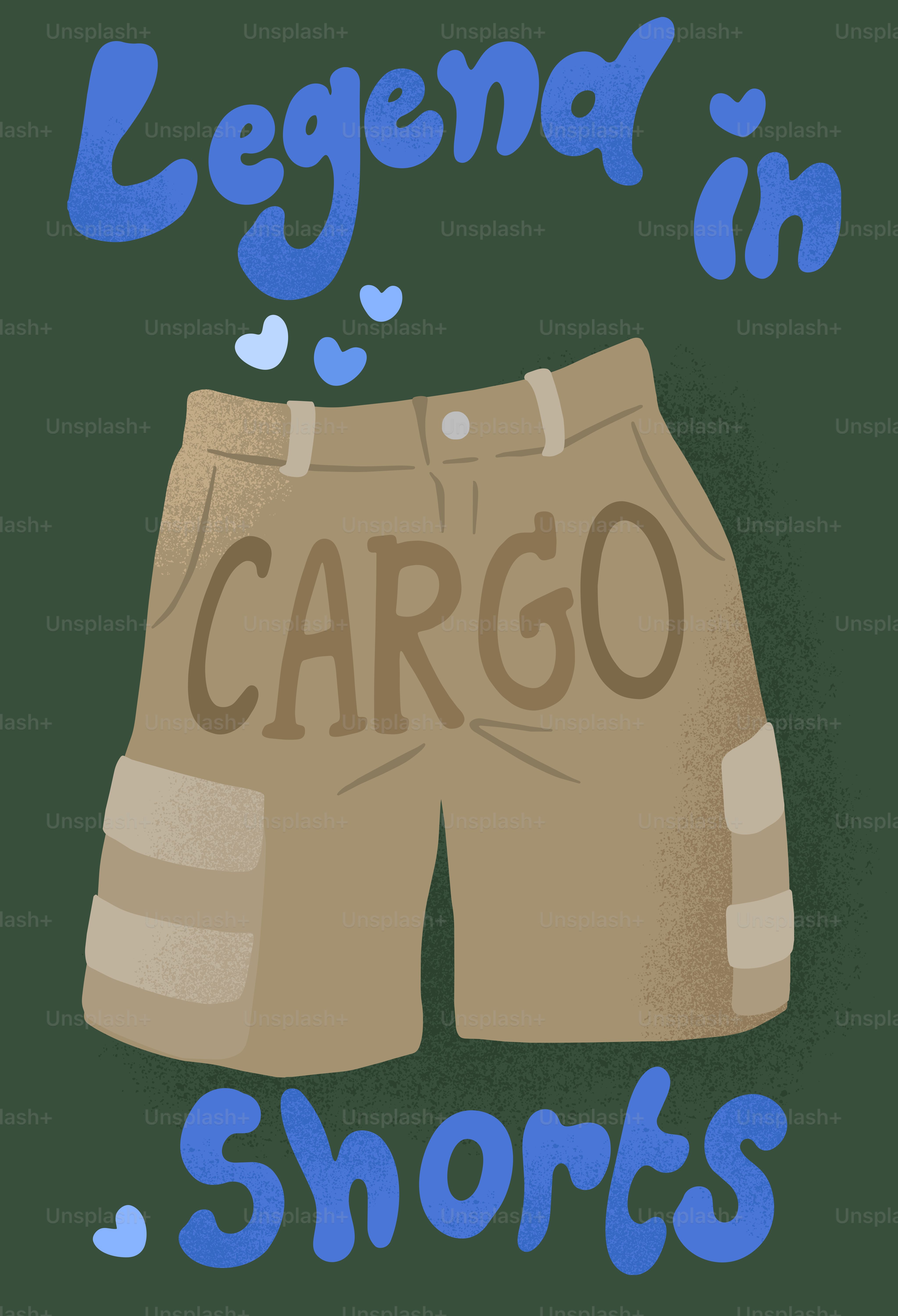 Short cargo beige avec texte bleu et cœurs.