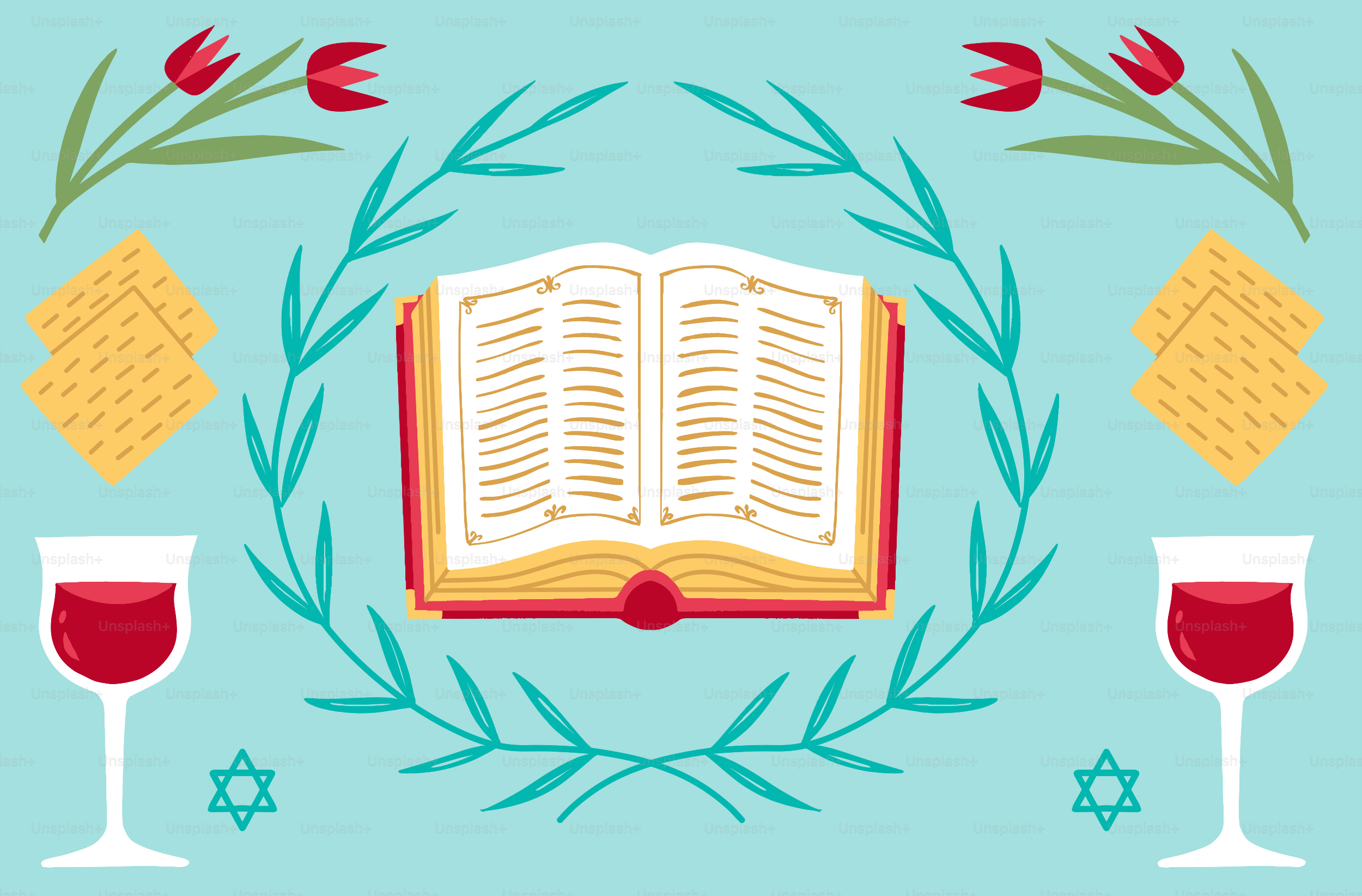 Open book with wine, matzah, and tulips