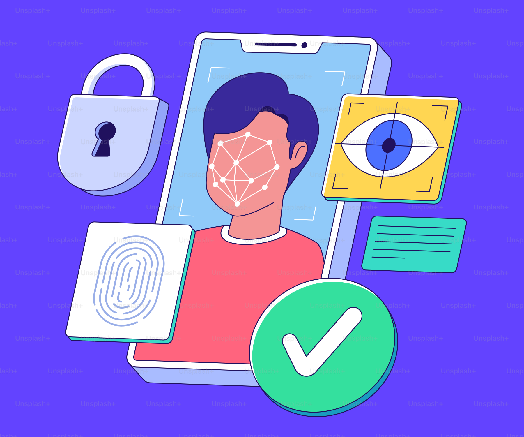 Tecnología de reconocimiento facial en un smartphone con iconos de seguridad.