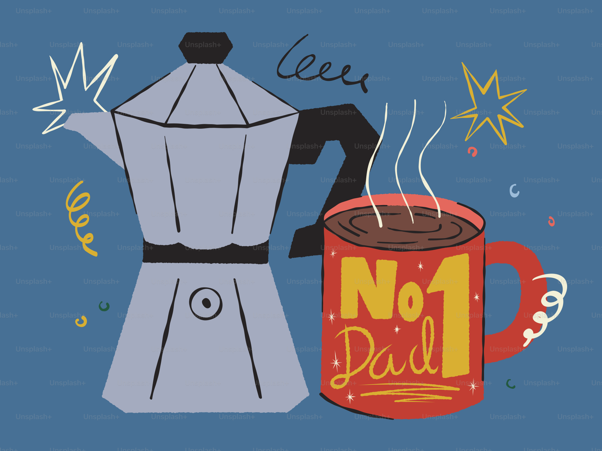 Cafetera espresso y taza "el "padre número 1" con vapor