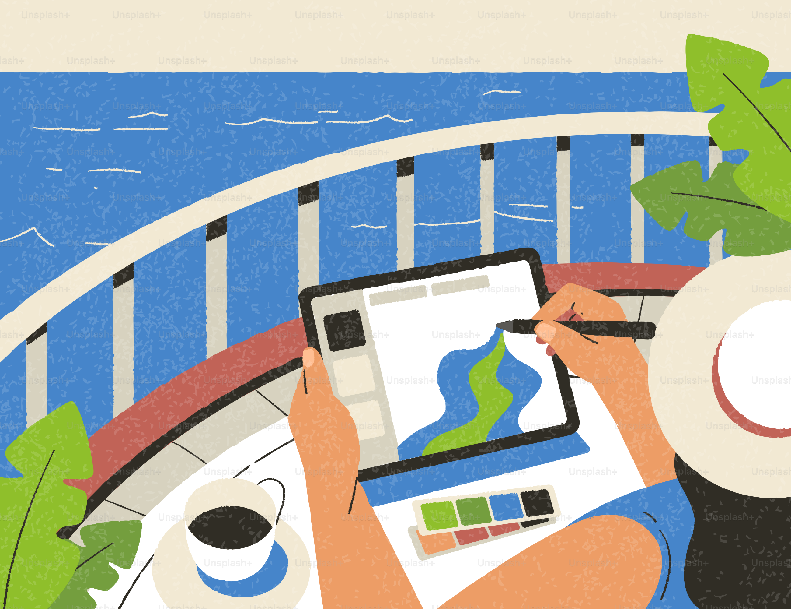 Artista che disegna su tavoletta vicino all'oceano