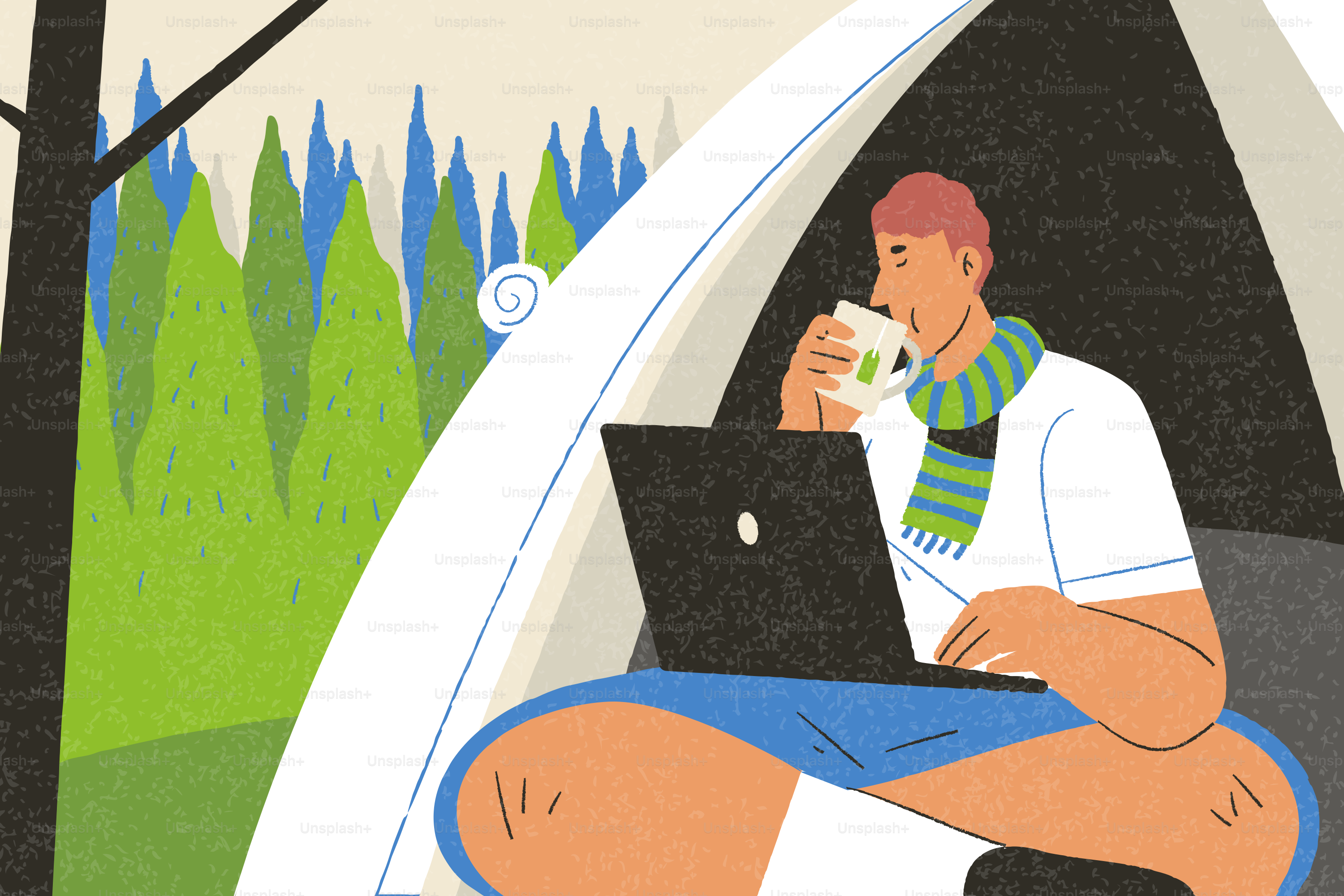 Uomo che beve caffè mentre lavora al portatile dentro una tenda