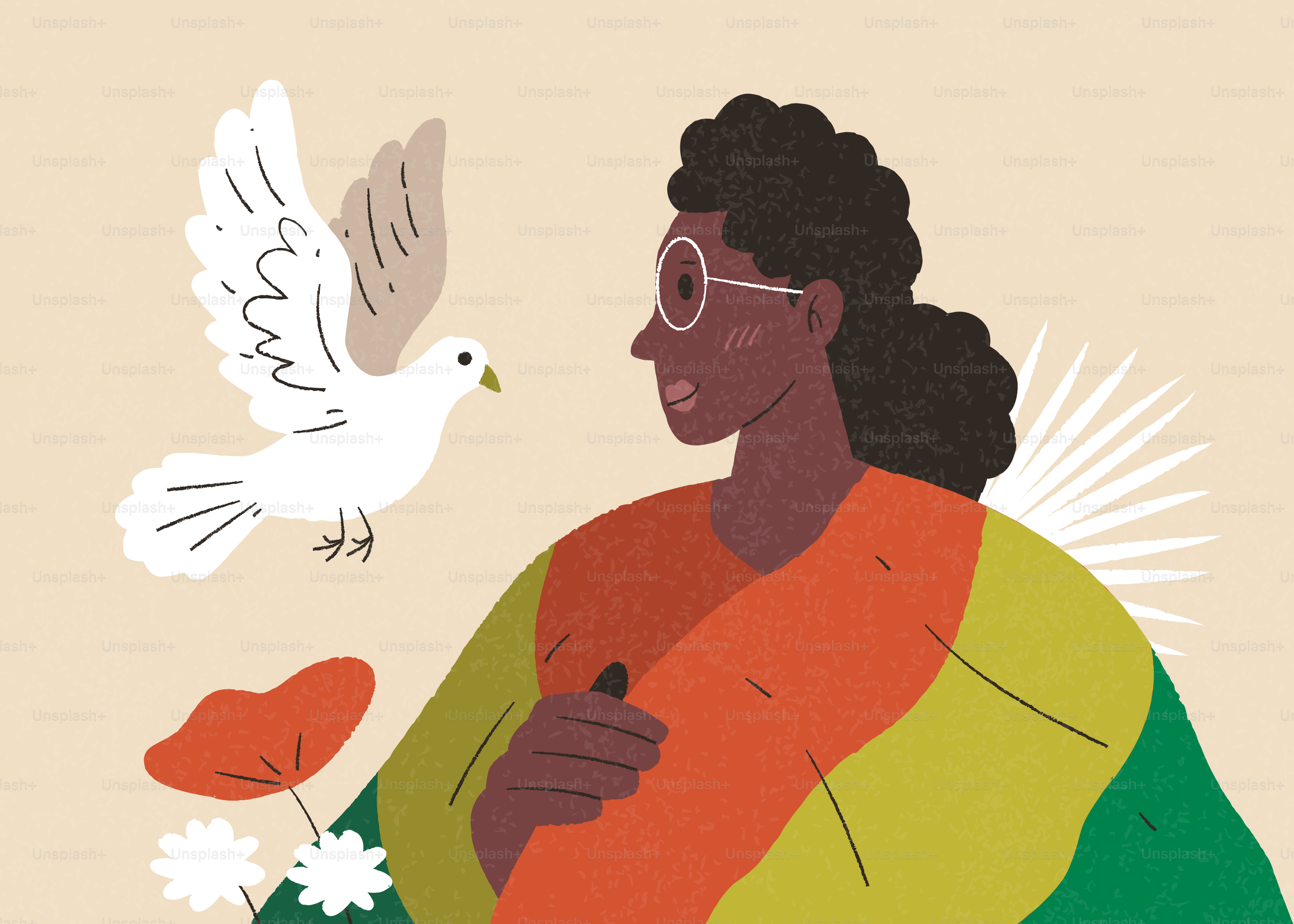 Una donna con una colomba che vola nelle vicinanze