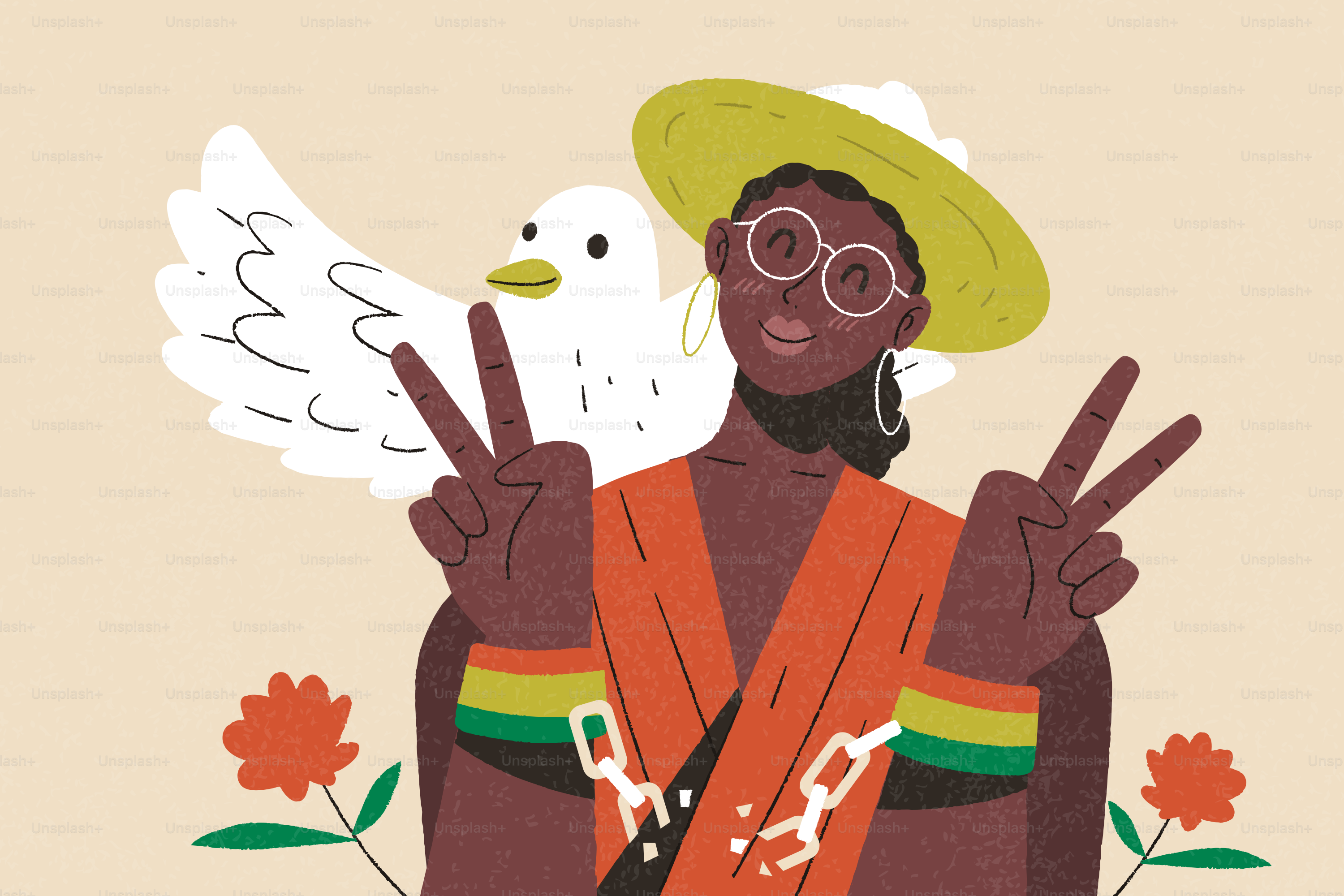 Donna con i segni della pace e una colomba