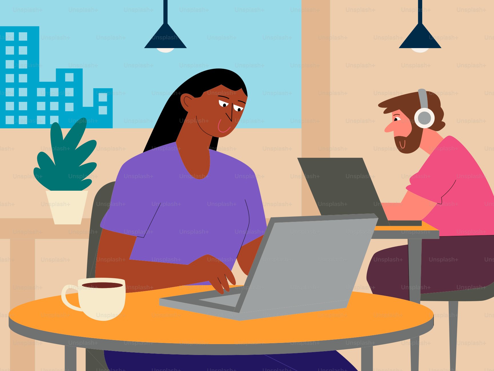 Duas pessoas trabalhando em laptops em um café.