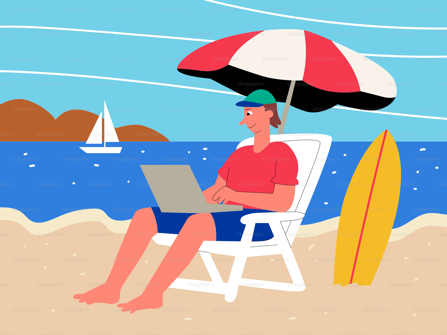 Homem trabalhando no laptop na praia com prancha de surfe