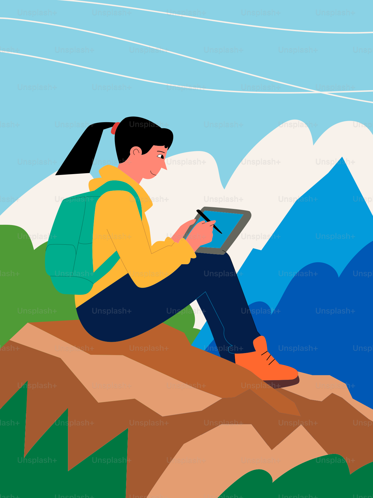 Mulher desenhando em tábua nas montanhas