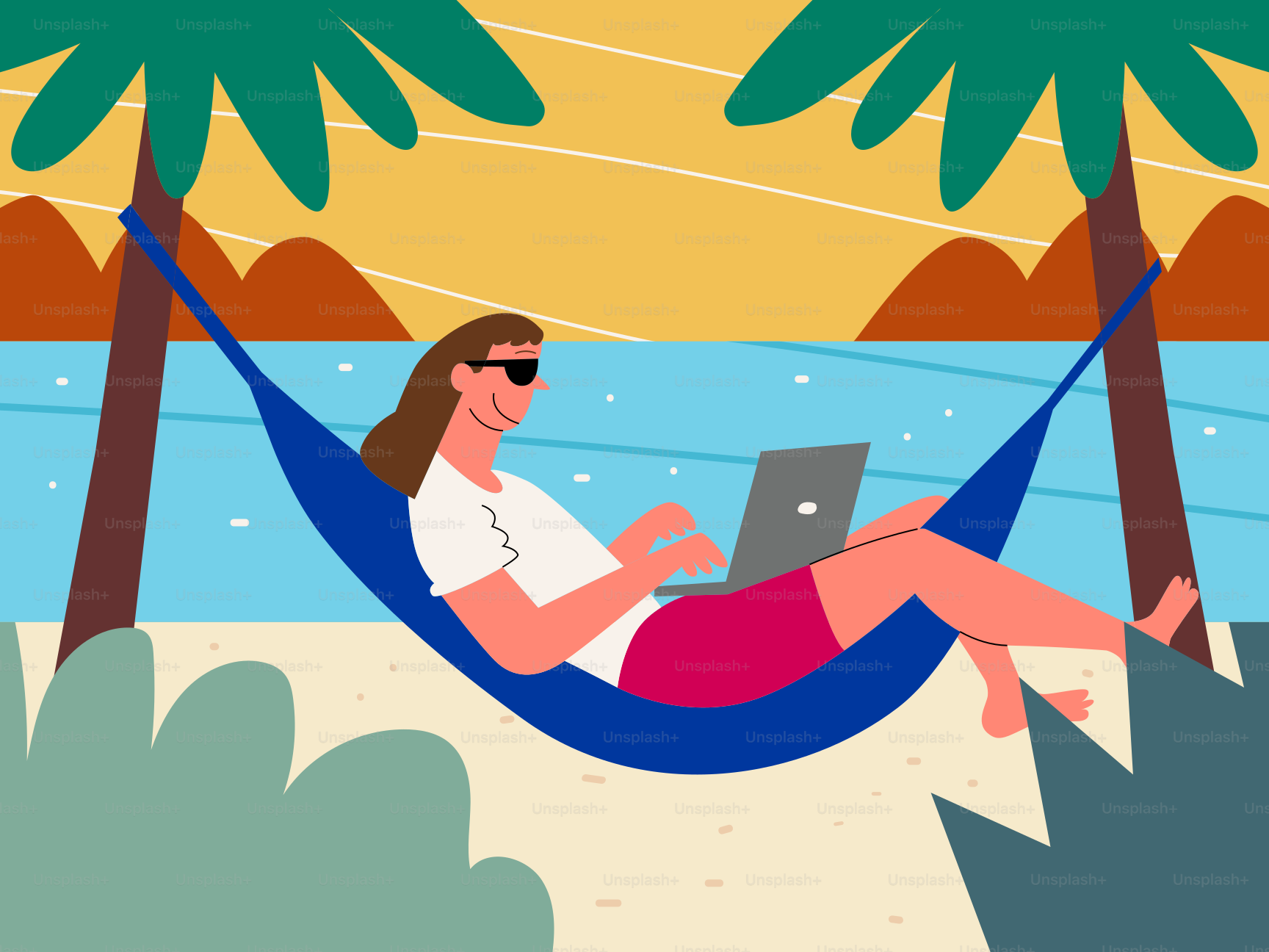 Pessoa trabalhando no laptop em rede na praia