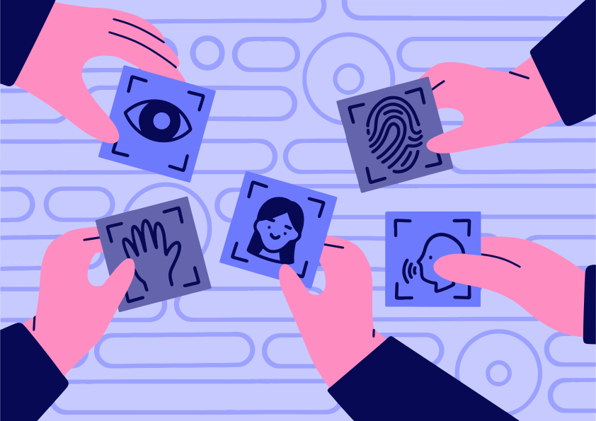 Die Hände halten Karten mit biometrischen Identifikationssymbolen.