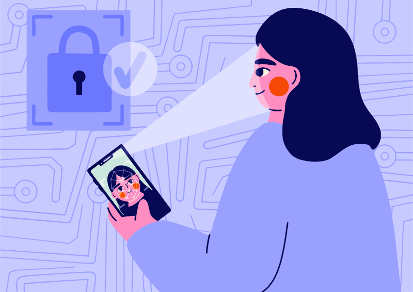 Frau benutzt Telefon zur Gesichtserkennungssicherheit