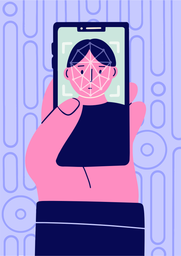 Smartphone, das das Gesicht einer Person mit Gesichtserkennungstechnologie scannt.