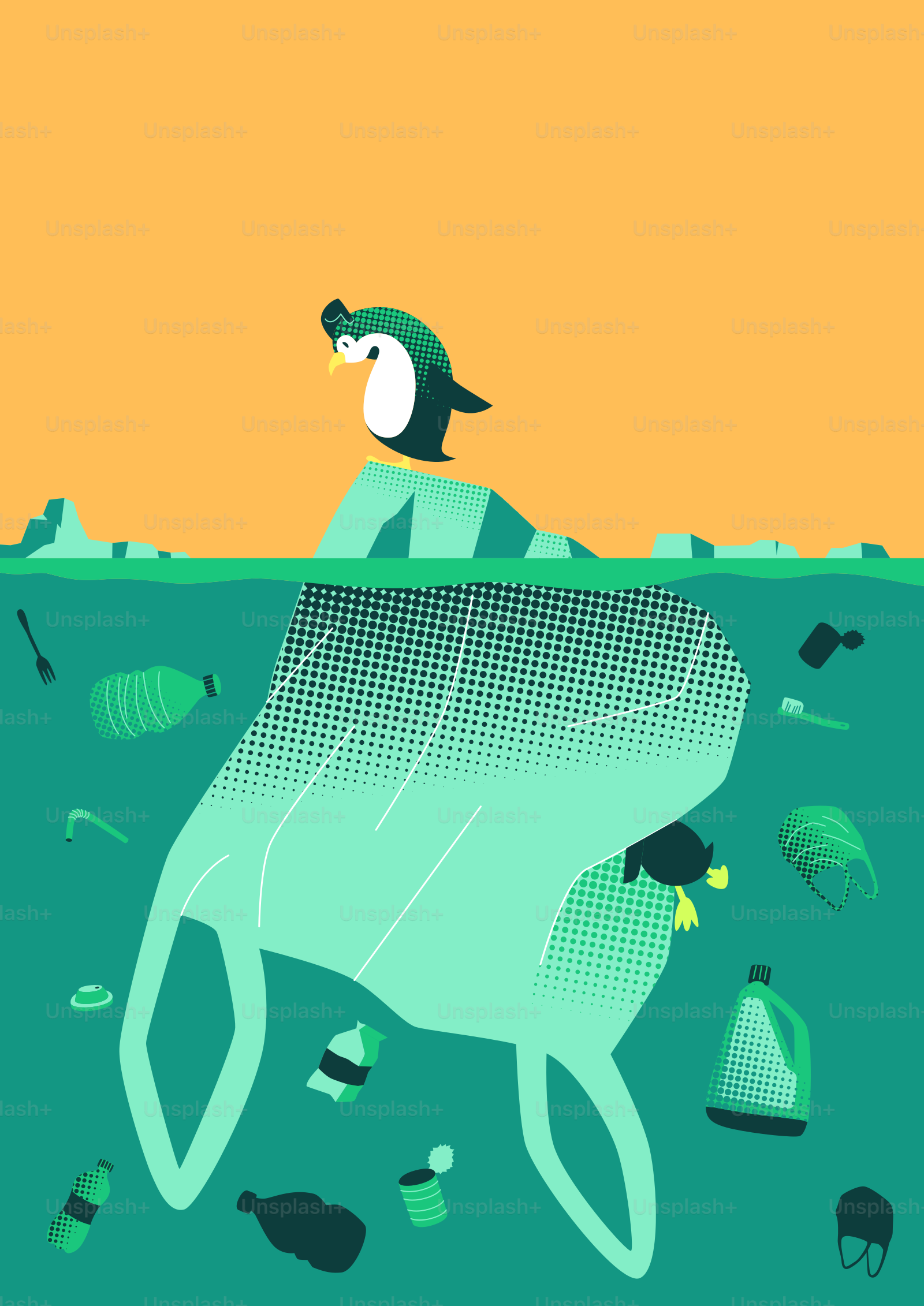 Pinguin auf Eisberg, umgeben von Plastikverschmutzung,