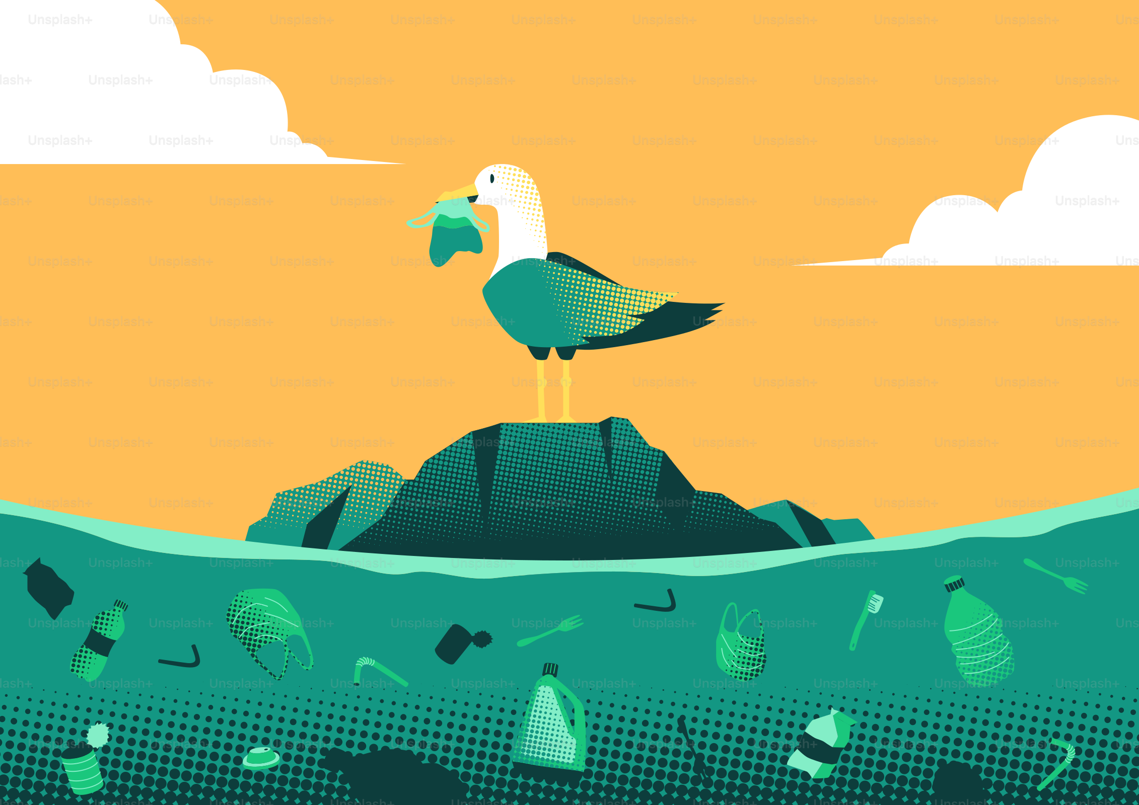 Möwe, die Plastikmüll auf einem verschmutzten Meereshintergrund transportiert