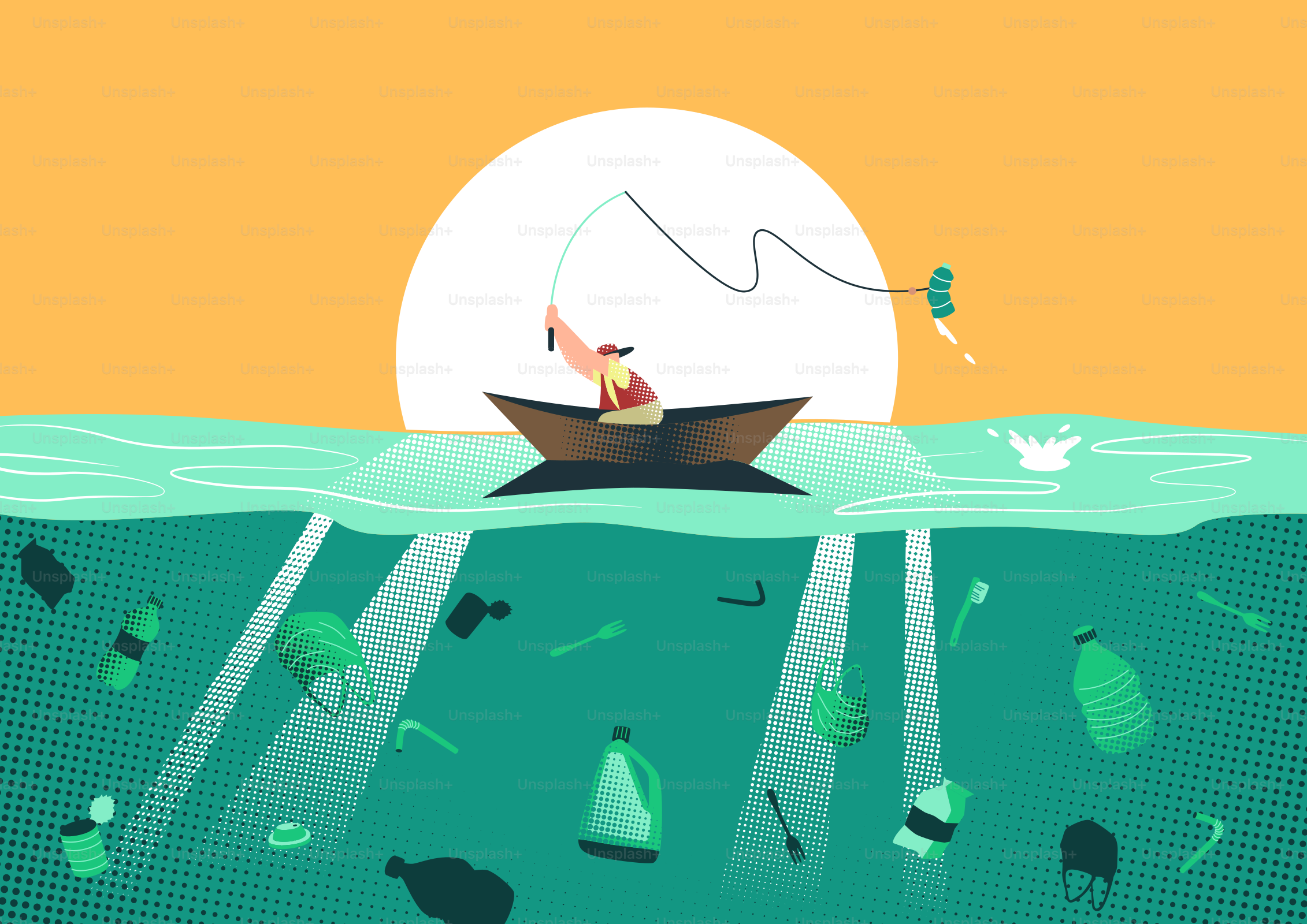 Fischer im Boot wirft Leine in verschmutztes Meerwasser.