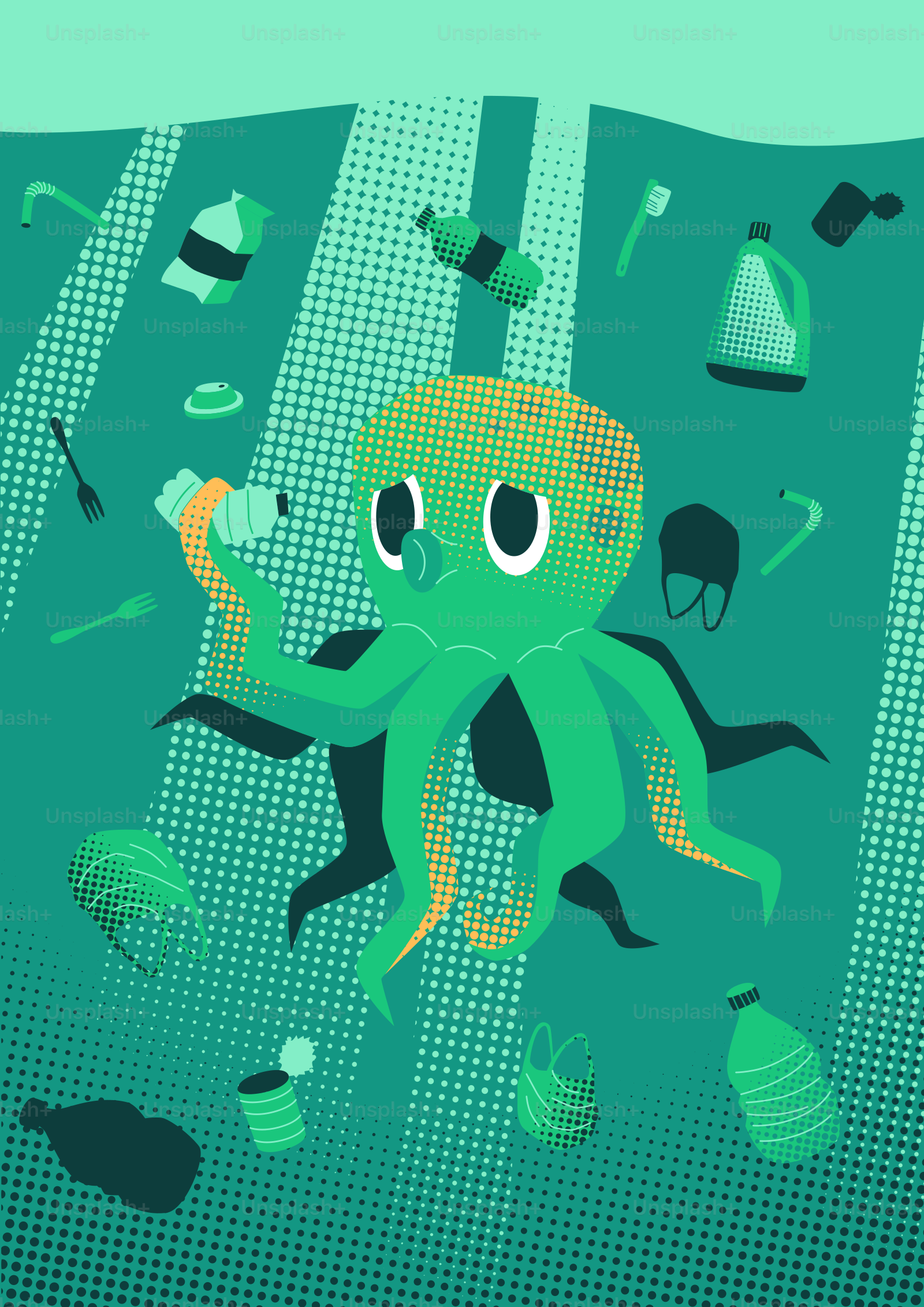 Oktopus, umgeben von Plastikverschmutzung im Ozean