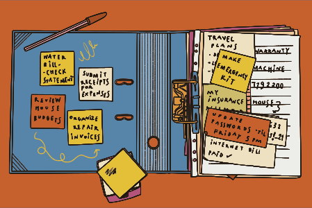 Open binder with notes and sticky notes