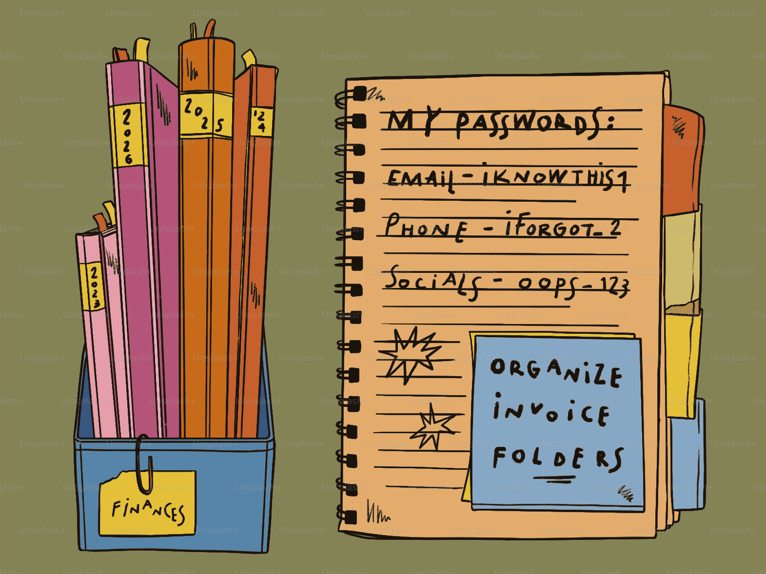 Cuaderno con lista de contraseñas y carpetas organizadas