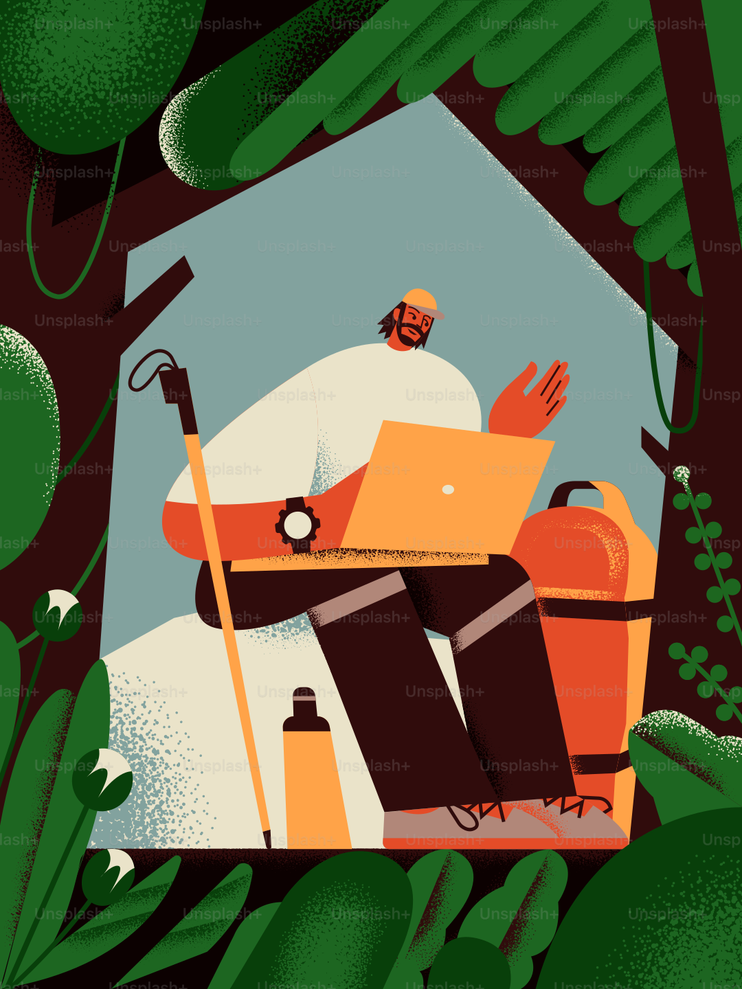 Pria bekerja di laptop di tengah pemandangan hutan hijau subur.