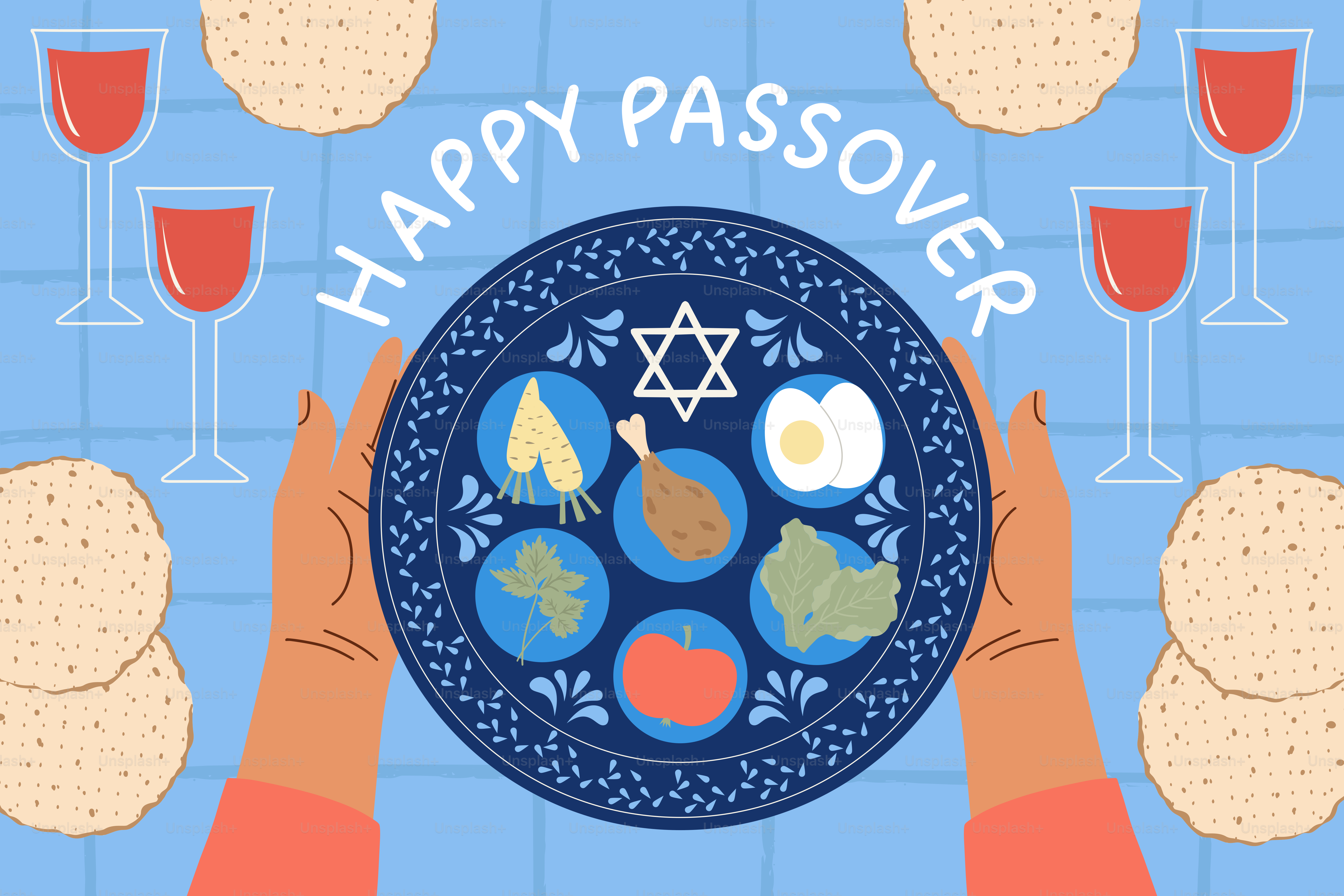 Feliz Pascua juega con plato de seder y matzá