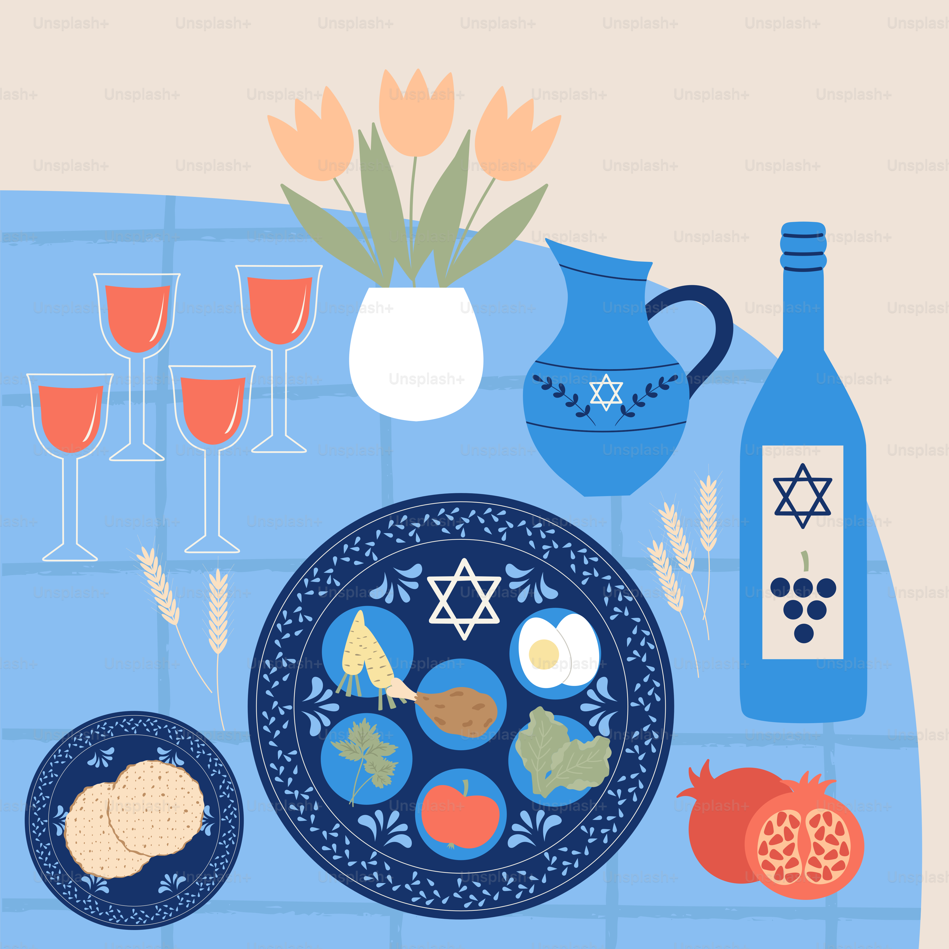 Plato de seder de Pascua con vino y matzá