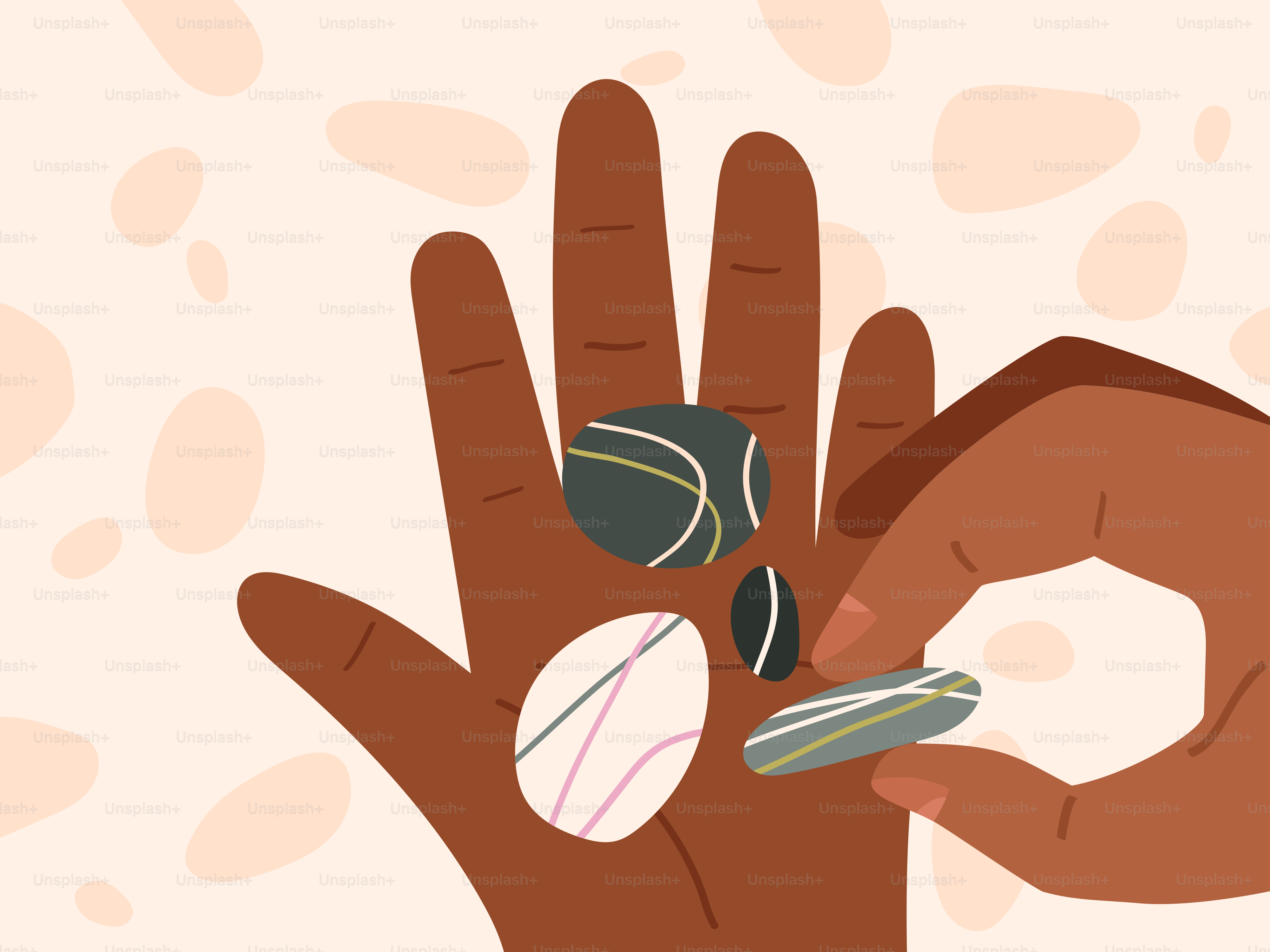 Sosteniendo guijarros rayados sobre un fondo moteado